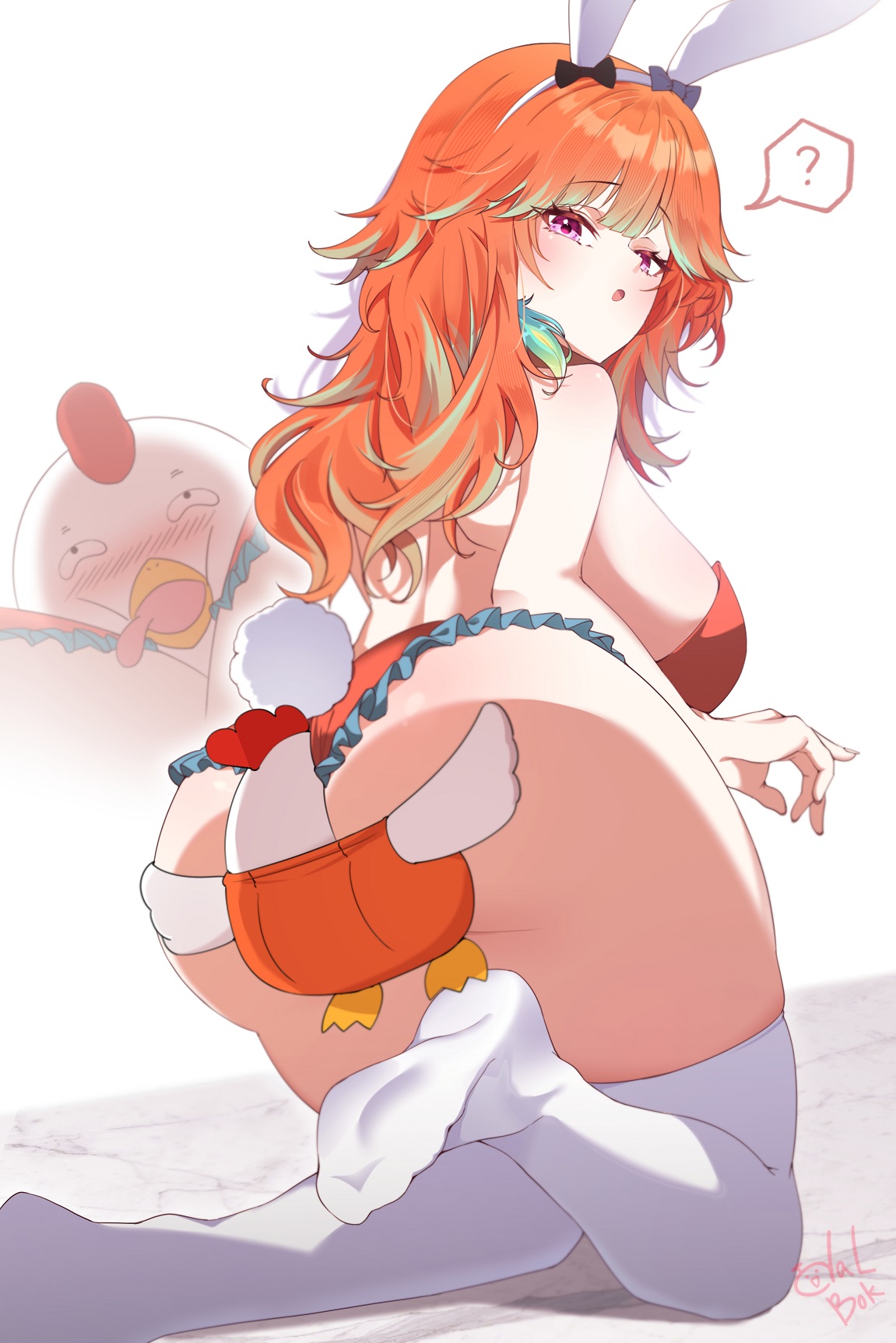 todalbok106, kfp employee (takanashi kiara), takanashi kiara, hololive, hololive english, commentary request, highres, 1girl, ?, alternate costume, animal ears, ass, blush, breasts, fake animal ears, large breasts, leotard, long hair, looking at viewer, open mouth, orange hair, purple eyes, rabbit ears, rabbit tail, red leotard, solo, spoken question mark, tail, thighhighs, virtual youtuber, white thighhighs