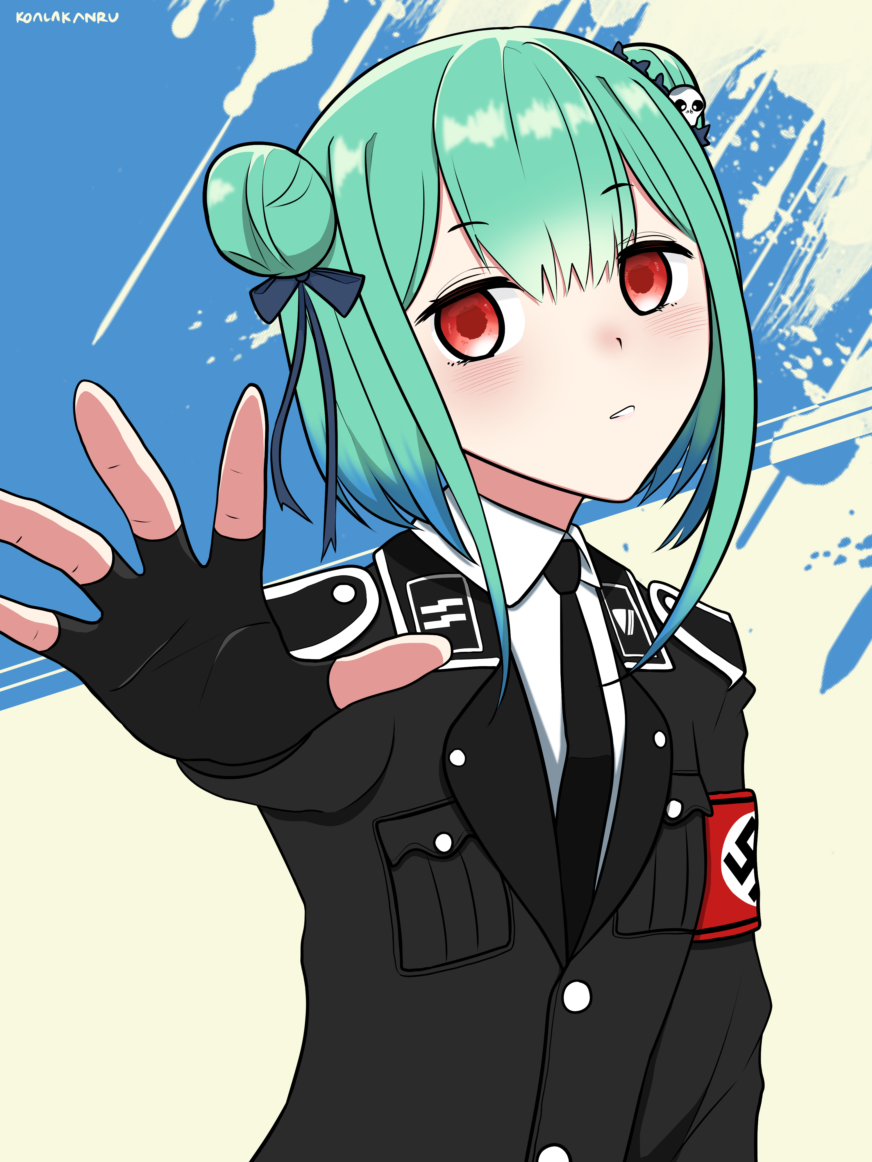 koalakanru, uruha rushia, hololive, absurdres, commentary, english commentary, highres, 1girl, alternate costume, armband, black gloves, black necktie, blush, breasts, double bun, fingerless gloves, gloves, green hair, hair between eyes, hair bun, hair ornament, hair ribbon, long hair, long sleeves, looking at viewer, nazi, necktie, outstretched arm, red armband, red eyes, ribbon, short hair, siegrunen, skull hair ornament, ss insignia, ss uniform, swastika, virtual youtuber, waffen-ss