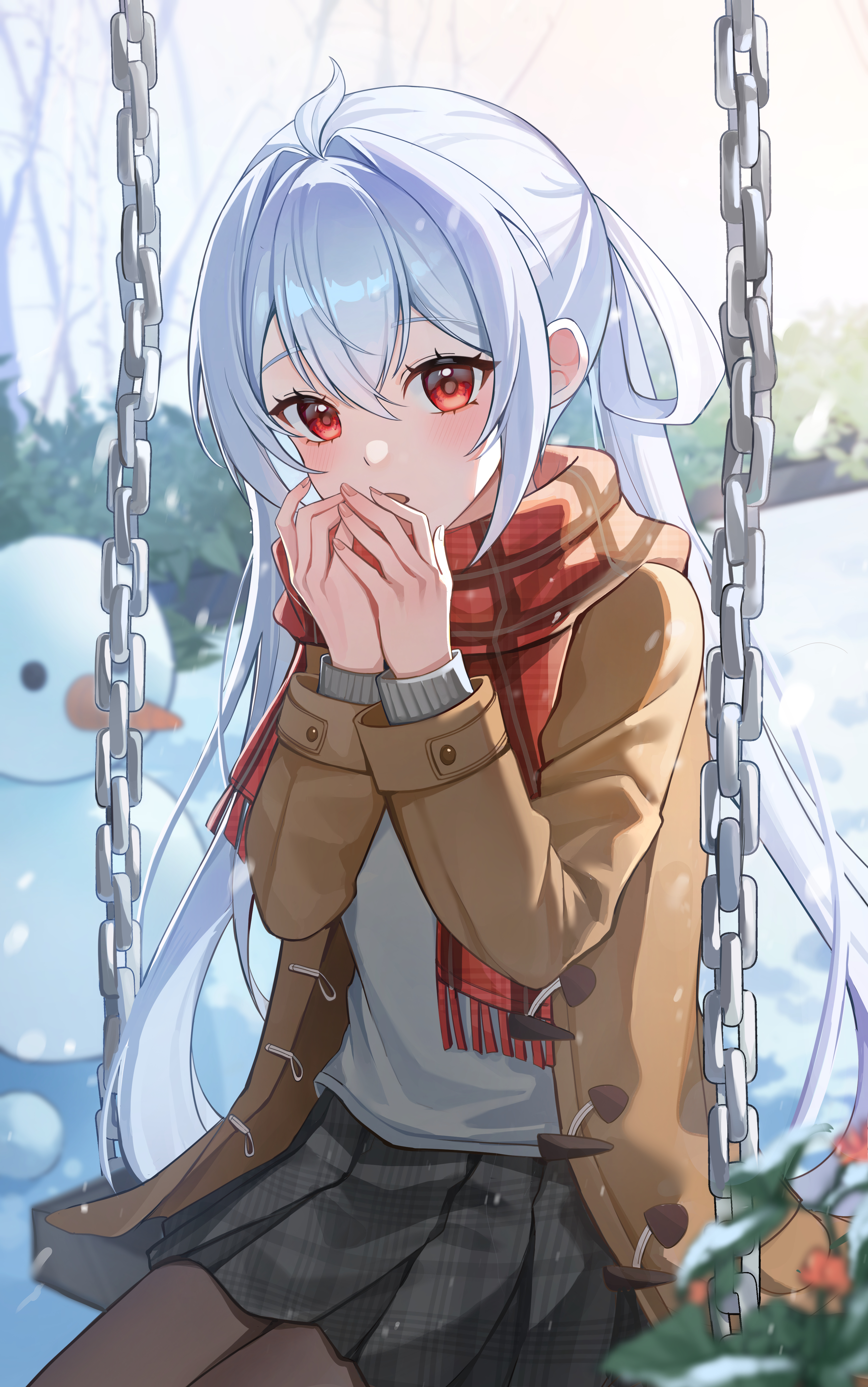 uwon, original, absurdres, commentary, highres, 1girl, black pantyhose, black skirt, blue hair, blush, brown jacket, chain, cowboy shot, day, double-parted bangs, hair between eyes, hair intakes, hair ribbon, hands up, jacket, long hair, long sleeves, open clothes, open jacket, open mouth, outdoors, pantyhose, plaid clothes, plaid scarf, plaid skirt, pleated skirt, red eyes, red scarf, ribbon, scarf, school uniform, sidelocks, sitting, skirt, solo, sweater, swing, twintails, white ribbon, white sweater, winter