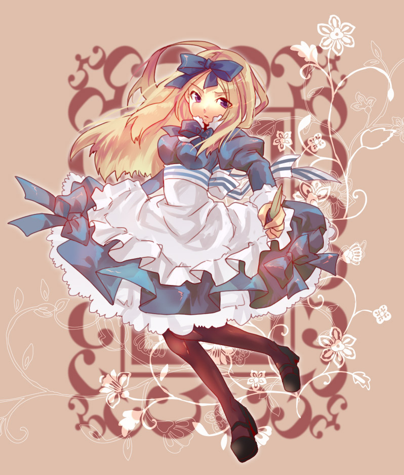 abi, belarus (hetalia), axis powers hetalia, striped, 00s, 1girl, apron, blonde hair, breasts, dagger, dress, female focus, floral print, frills, full body, hair ribbon, knife, lingerie, long hair, pantyhose, petticoat, purple eyes, ribbon, solo, underwear, weapon