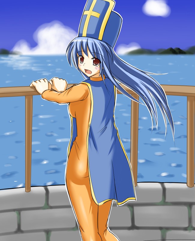 kuurunaitsu, priest (dq3), chunsoft, dragon quest, dragon quest iii, enix, bad id, bad pixiv id, 1girl, blue hair, bodysuit, brown eyes, female focus, hat, long hair, mitre, ocean, open mouth, solo, tabard, water