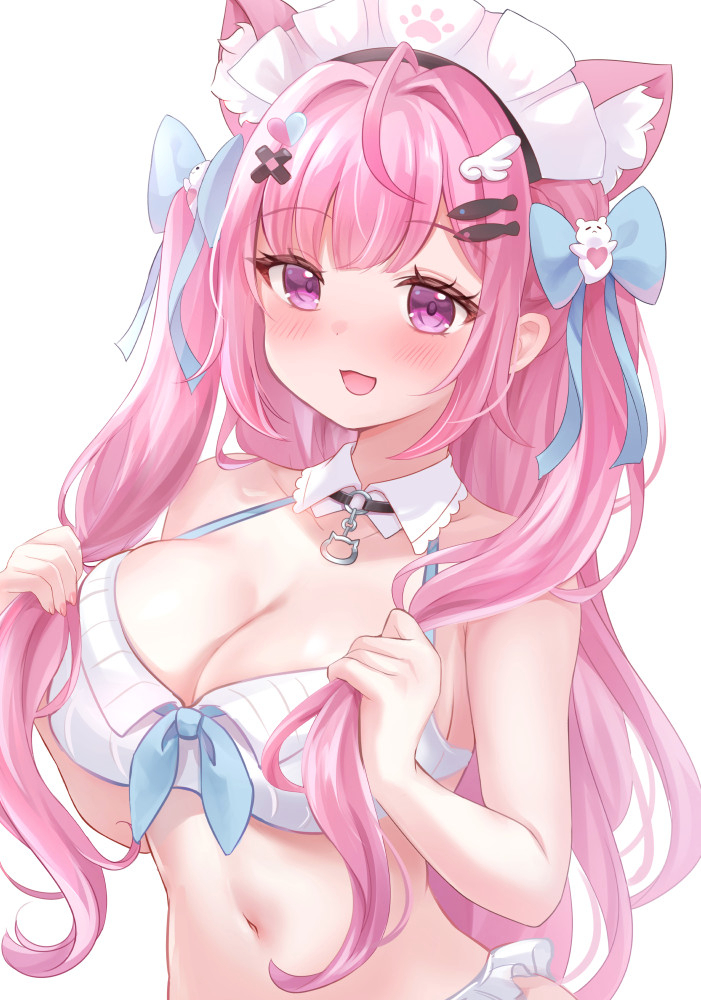 nikoo, yuuki sakuna, indie virtual youtuber, commentary request, 1girl, ahoge, animal ears, bandaid, bandaid hair ornament, bare shoulders, bikini, black choker, blush, bow, braid, breasts, cat choker, cat ears, cat girl, choker, cleavage, crossed bandaids, detached collar, fingernails, fish hair ornament, frilled bikini, frills, ghost hair ornament, hair bow, hair ornament, hairclip, heart, heart hair ornament, holding, holding own hair, large breasts, long hair, maid headdress, nail polish, navel, o-ring, o-ring choker, open mouth, paw print, pink eyes, pink hair, pink nails, shiny skin, simple background, smile, solo, stomach, swimsuit, two side up, virtual youtuber, white background, white bikini, wing hair ornament