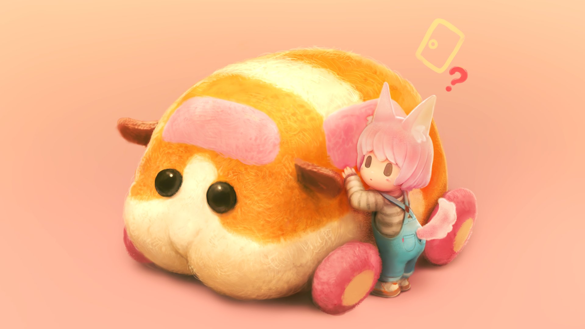 nekoita, potato (pui pui molcar), original, pui pui molcar, hashtag-only commentary, highres, 1girl, ?, animal ears, black eyes, blue overalls, brown shoes, cat ears, cat girl, cat tail, choco (nekoita), closed mouth, door, guinea pig, molcar, overalls, pink hair, prison clothes, red background, shirt, shoes, short hair, solid oval eyes, standing, striped clothes, striped shirt, tail