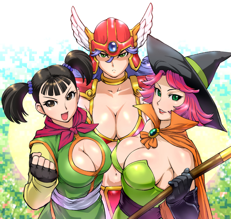 ueyama michirou, mage (dq3), martial artist (dq3), warrior (dq3), chunsoft, dragon quest, dragon quest iii, enix, 3girls, armor, bikini armor, black hair, blue hair, breasts, brown eyes, cape, cleavage, cleavage cutout, clothing cutout, elbow gloves, fingerless gloves, gloves, green eyes, hat, helmet, large breasts, multiple girls, pink hair, purple hair, smile, staff, twintails, witch hat