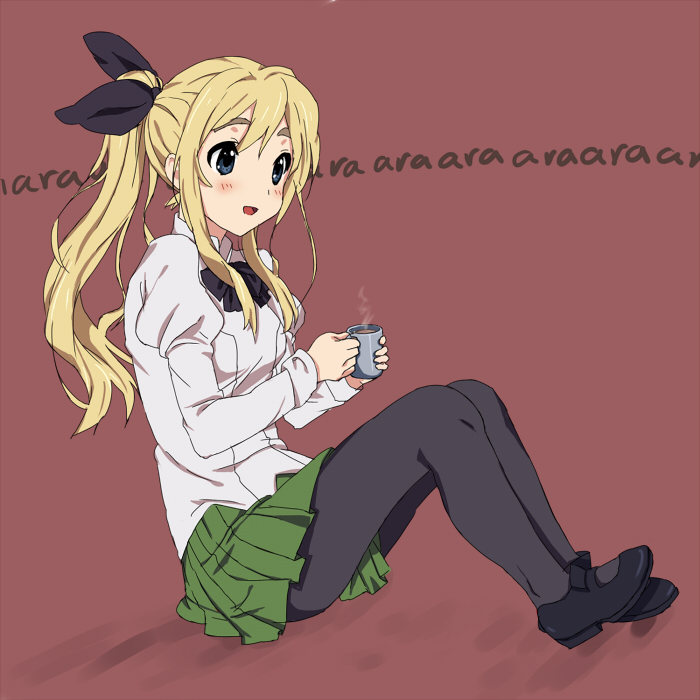 moekki, kotobuki tsumugi, satou lilly, k-on!, katawa shoujo, bad id, bad pixiv id, 1girl, ara ara, blind, blonde hair, blue eyes, coffee, cosplay, crossover, female focus, pantyhose, parody, ponytail, puffy sleeves, satou lilly (cosplay), school uniform, sitting, skirt, solo, thick eyebrows