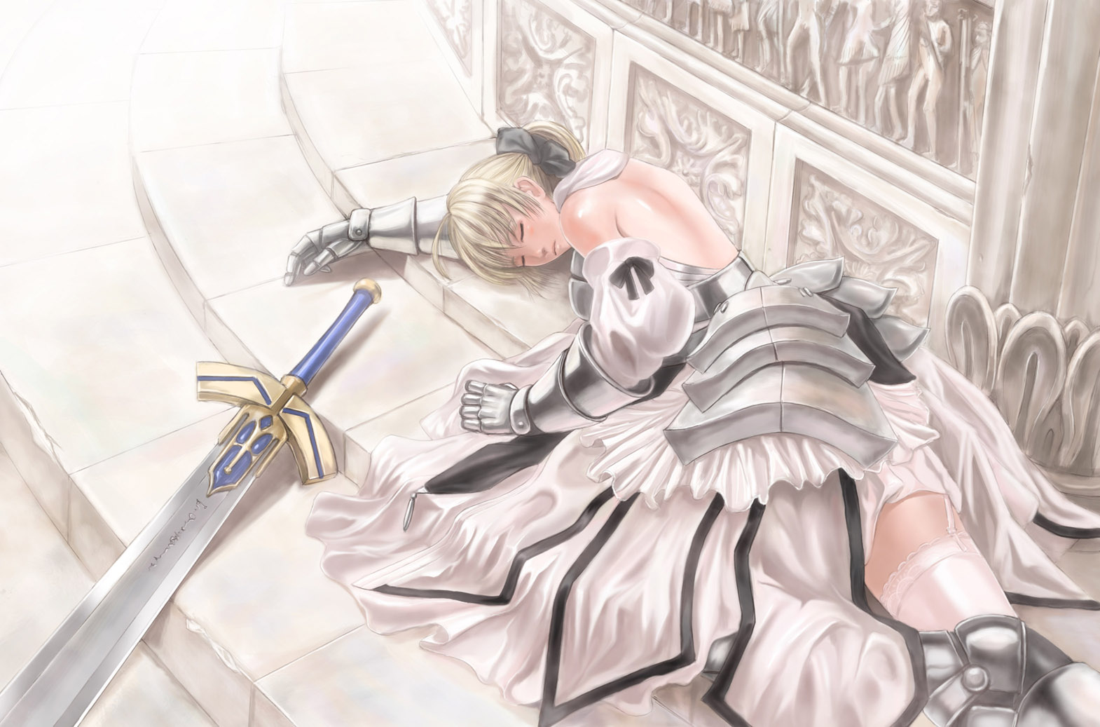 mimura kaoru, artoria pendragon (fate), saber (fate), saber lily, capcom, fate/stay night, fate/unlimited codes, fate (series), 00s, 1girl, armor, armored dress, back, blonde hair, closed eyes, dress, excalibur (fate/stay night), female focus, lying, ponytail, realistic, sleeping, solo, sword, thighhighs, weapon