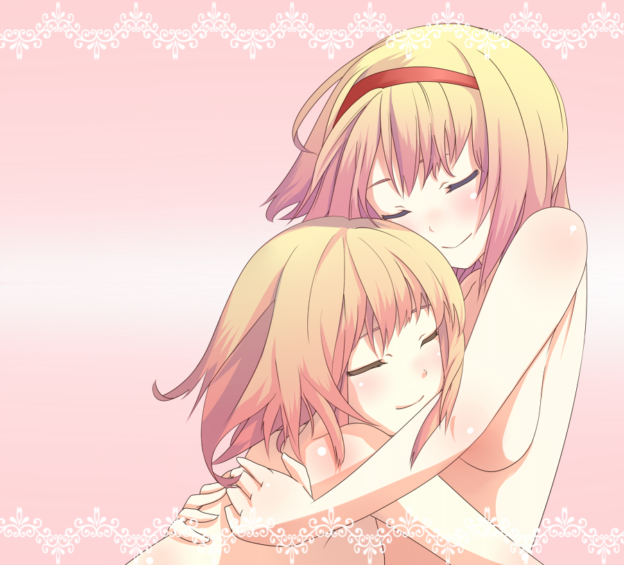 akeboshi kagayo, alice margatroid, kirisame marisa, touhou, bad id, bad pixiv id, 2girls, blonde hair, closed eyes, female focus, gradient hair, hairband, happy, hug, multicolored hair, multiple girls, nude, short hair, yuri