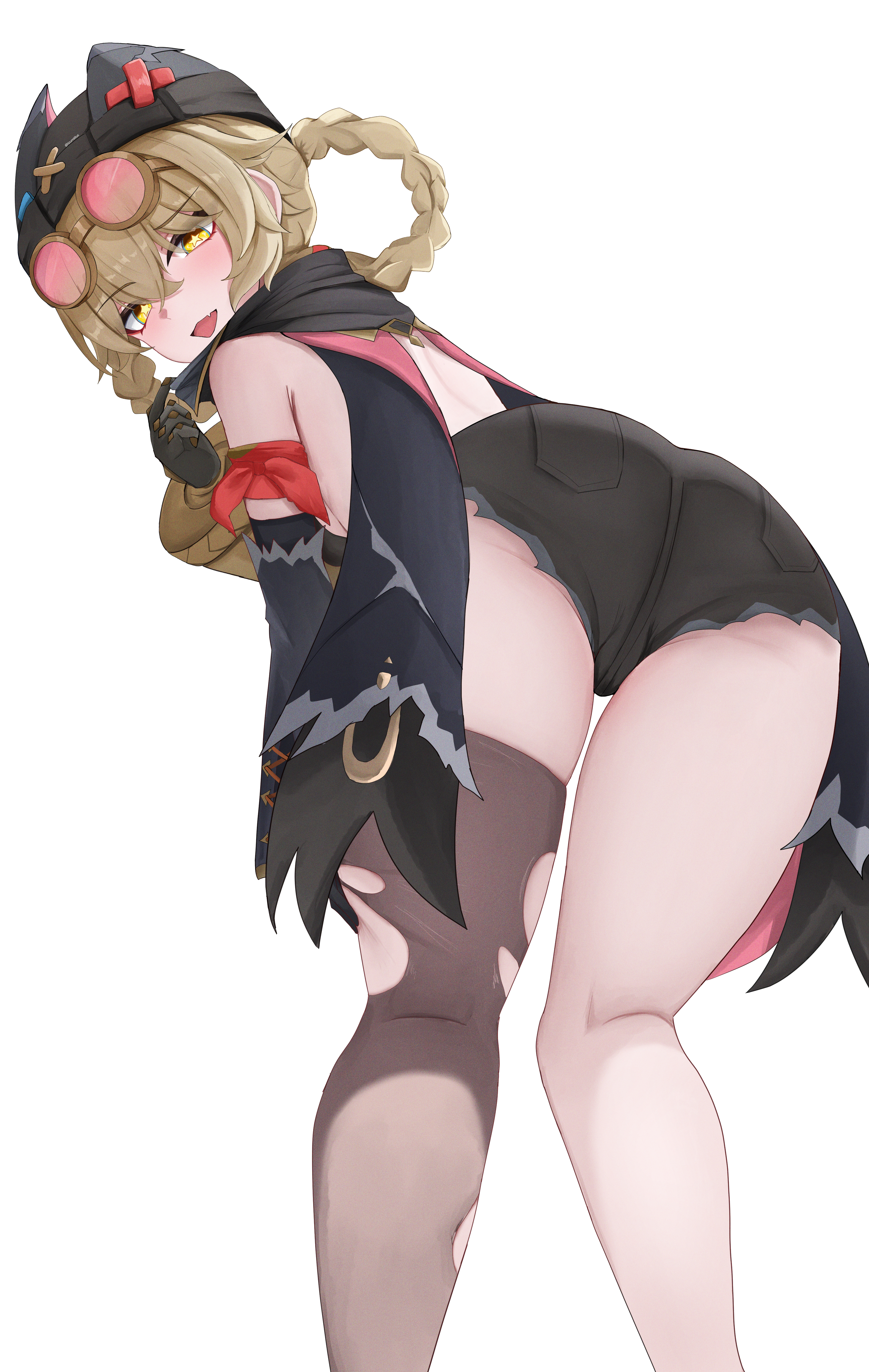 izumiillus, jahoda (genshin impact), genshin impact, absurdres, highres, 1girl, ass, ass focus, bare shoulders, blonde hair, blush, detached sleeves, from behind, goggles, goggles on head, hat, leaning, leaning forward, long hair, looking at viewer, looking back, open mouth, short shorts, shorts, single thighhigh, smile, solo, thighhighs, torn clothes, torn thighhighs