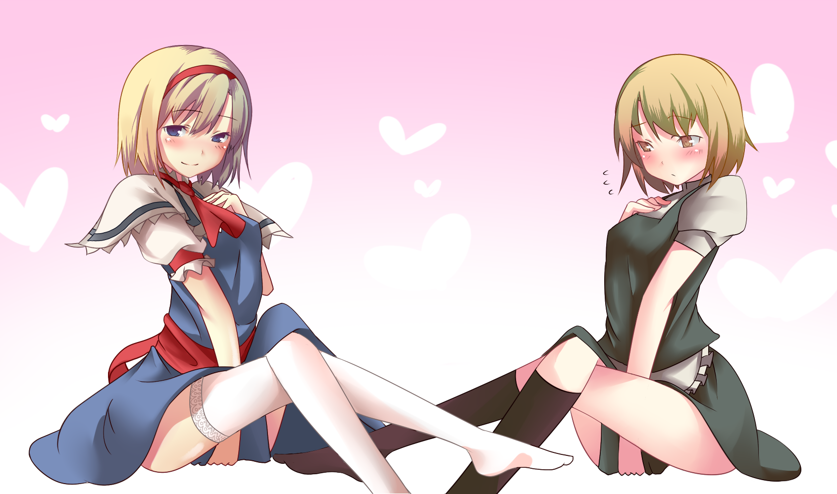 akeboshi kagayo, alice margatroid, kirisame marisa, touhou, bad id, bad pixiv id, highres, 2girls, black socks, blonde hair, blue eyes, blush, covering crotch, covering privates, crossed legs, dress, dress tug, embarrassed, female focus, hairband, kneehighs, legs, multiple girls, no headwear, no shoes, short hair, sitting, smile, socks, thighhighs, white thighhighs, yellow eyes, yuri, zettai ryouiki