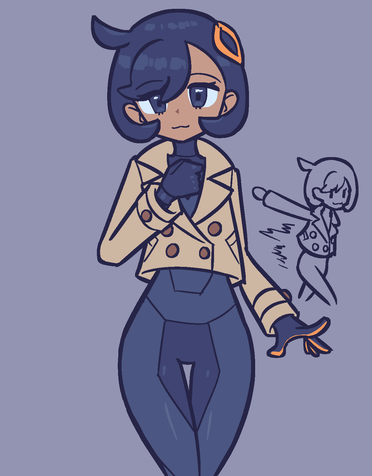 purpienamako, emma (pokemon), nintendo, pokemon, pokemon legends: z-a, highres, 1girl, :3, black bodysuit, black gloves, black hair, bodysuit, bodysuit under clothes, breasts, brown jacket, dark-skinned female, dark skin, gloves, hair ornament, jacket, jogging, looking at viewer, multiple views, open clothes, open jacket, purple eyes, running, shoes, short hair, simple background, smile, solo, thigh gap, wide hips