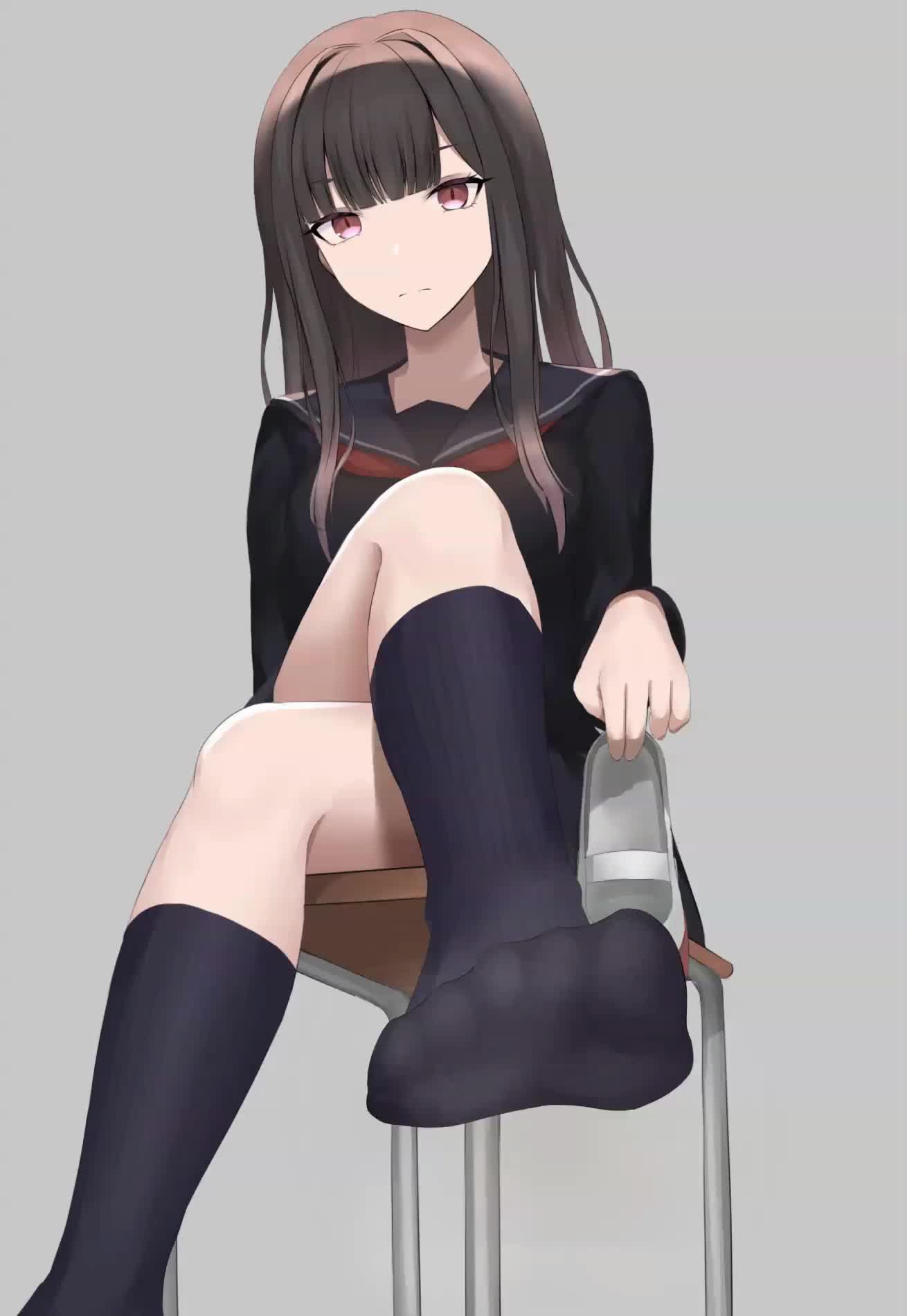 sajina, animated, highres, tagme, video, 1girl, black serafuku, brown hair, chair, crossed legs, feet, long hair, looking at viewer, red eyes, school chair, school uniform, serafuku, shoes, socks, soles, steam, toes, unworn shoes, uwabaki