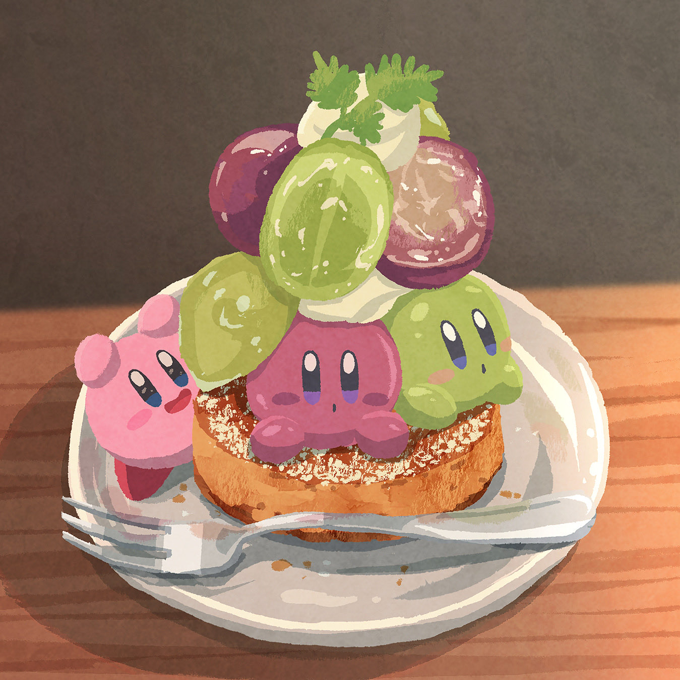 miclot, kirby, kirby (series), nintendo, commentary, highres, :d, blue eyes, blush stickers, food, fork, fruit, grapes, in food, no humans, open mouth, plate, smile, tart (food)