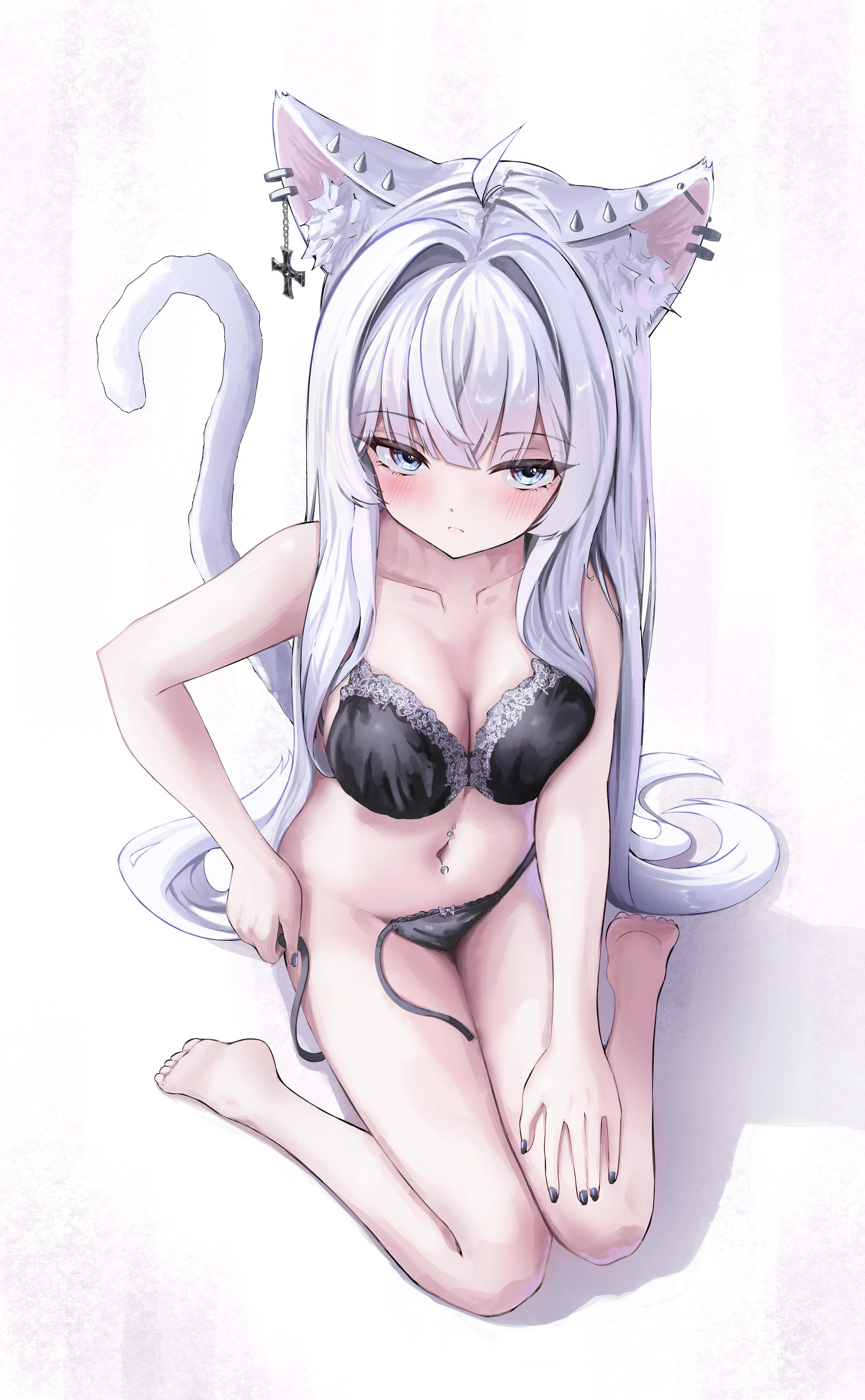 auroraescientia, original, absurdres, commentary, highres, 1girl, ahoge, animal ear fluff, animal ear piercing, animal ears, bare arms, bare legs, barefoot, black bra, black nails, black panties, blue eyes, blunt bangs, blush, bra, breast press, breasts, cat ears, cat girl, cat tail, cleavage, closed mouth, collarbone, eyelashes, floral print, floral print bra, from above, frown, full body, hair intakes, hair over breasts, hand on own hip, hand on own leg, lace, lace-trimmed panties, lace trim, large breasts, lingerie, long hair, looking at viewer, nail polish, navel, panties, print bra, shadow, side-tie panties, sidelocks, simple background, sitting, soles, solo, split mouth, stomach, stomach piercing, straight hair, tail, toes, tsurime, underwear, underwear only, untied panties, upturned eyes, very long hair, wariza, white background, white hair