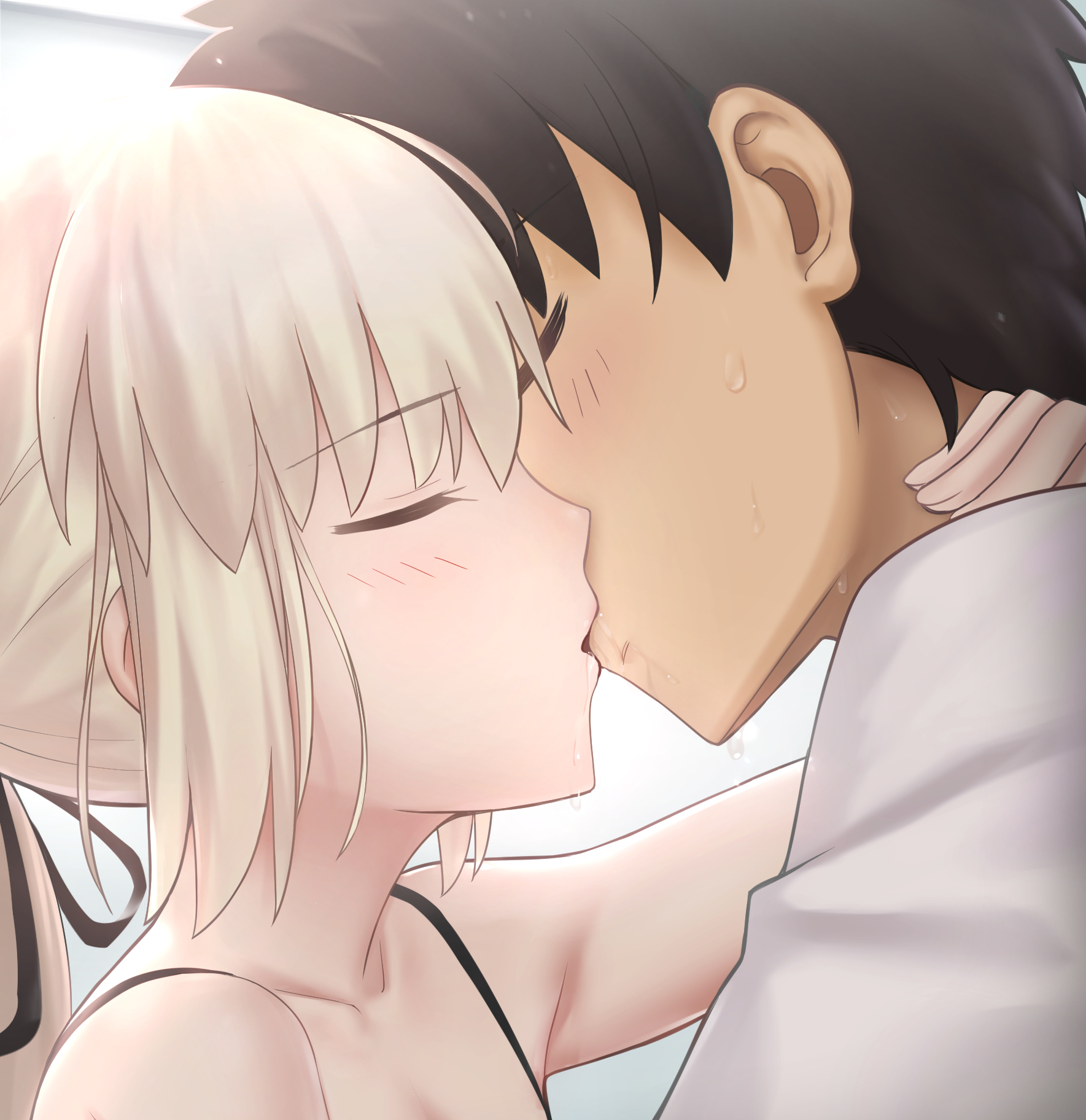 besmiled, artoria pendragon (fate), fujimaru ritsuka (male), saber alter, saber alter (ver. shinjuku 1999), fate/grand order, fate (series), highres, 1boy, 1girl, black hair, black ribbon, blonde hair, closed eyes, collarbone, hair ribbon, hetero, kiss, open mouth, ribbon, shirt, short hair, sidelocks, sweat, white shirt