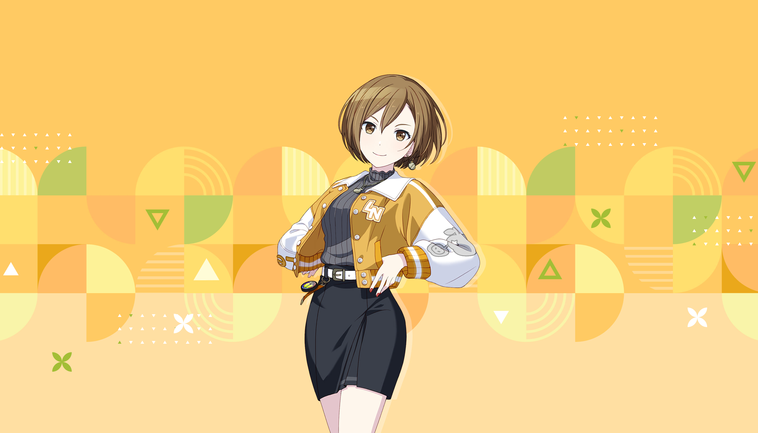 colorful palette, leo/need meiko, meiko (vocaloid), project sekai, vocaloid, game cg, highres, official art, third-party source, 1girl, apple earrings, belt, belt charm, black skirt, breasts, brown eyes, brown hair, charm (object), closed mouth, earrings, food-themed earrings, food themed earrings, grey shirt, hair between eyes, jacket, jewelry, necklace, official alternate costume, open clothes, open jacket, shirt, single earring, skirt, smile, solo, triangle, unsteady still steady step (project sekai), white belt, white jacket, yellow background, yellow jacket