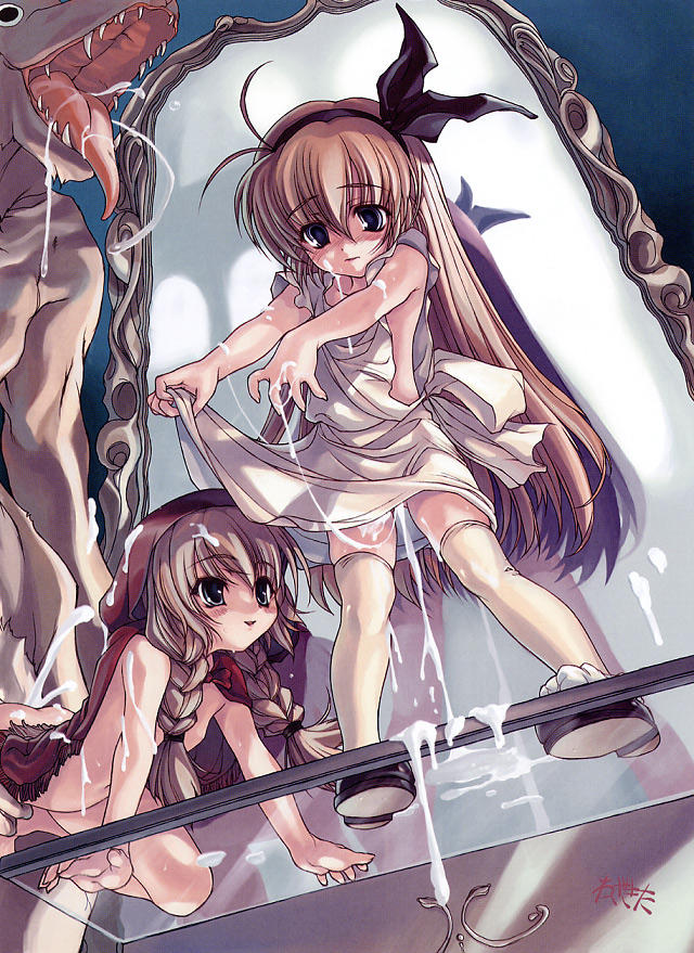 xration, ahoge, all fours, blush, braid, cum, cum in pussy, cum on body, cum on clothes, cum on hair, cum pool, cumdrip, facial, flat chest, from behind, glass, hairband, loli, mirror, monster, panties around leg, sex, thighhighs, twin braids