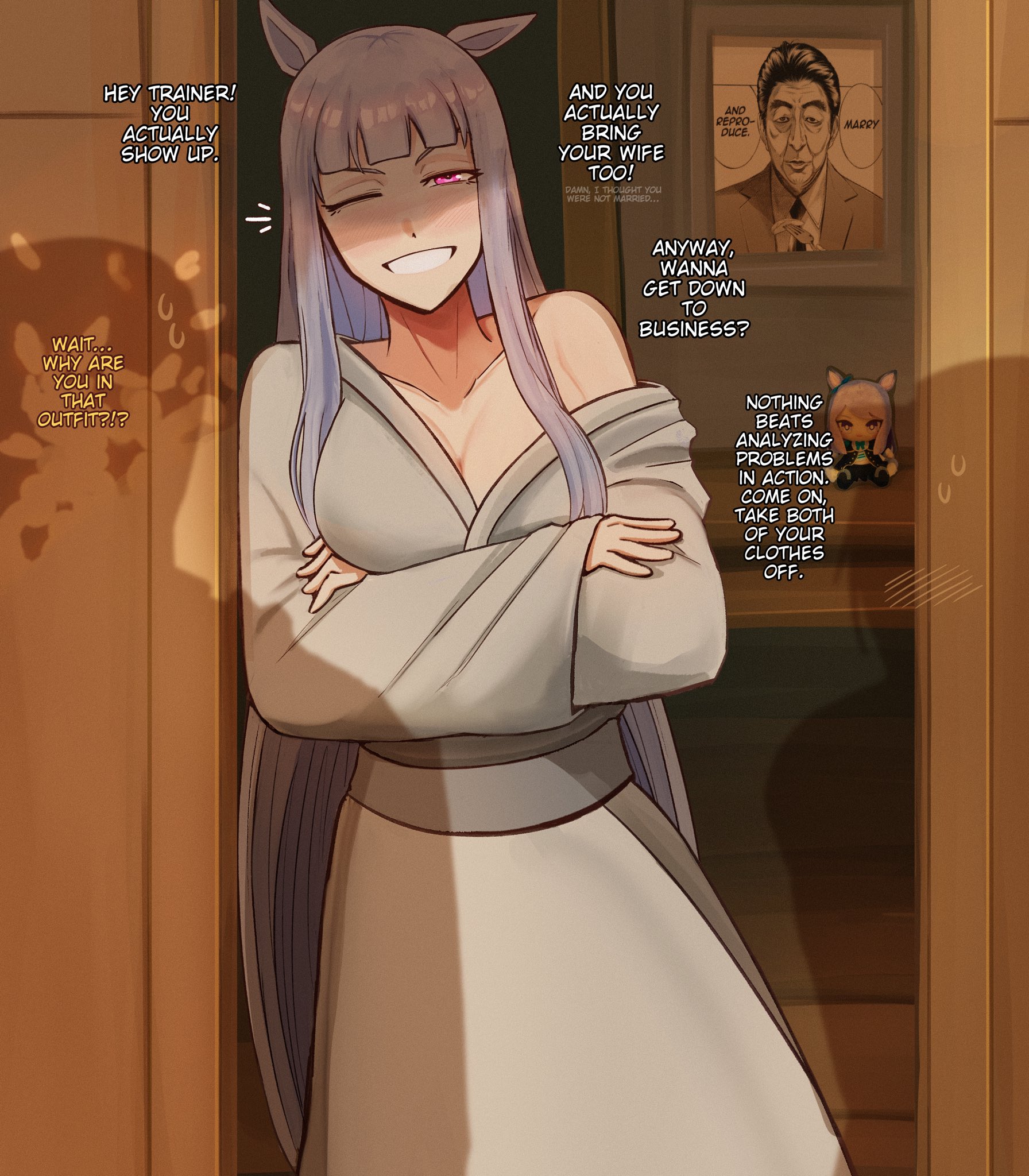 johnholl0w, abe shinzou, gold ship (umamusume), mejiro mcqueen (umamusume), umamusume, highres, 1girl, animal ears, blunt bangs, breasts, character doll, cleavage, collarbone, crossed arms, doll, english text, grey hair, grin, horse ears, horse girl, large breasts, leaning to the side, long hair, looking at viewer, no headwear, one eye closed, open mouth, portrait (object), purple eyes, robe, shadow, single bare shoulder, smile, solo, white robe