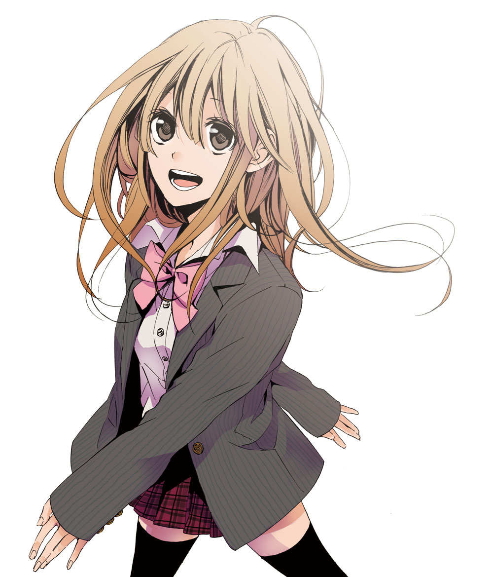 nagi kanami, original, bad id, bad pixiv id, blazer, blonde hair, bow, brown eyes, jacket, long hair, plaid clothes, plaid skirt, school uniform, skirt, smile, solo, thighhighs, zettai ryouiki
