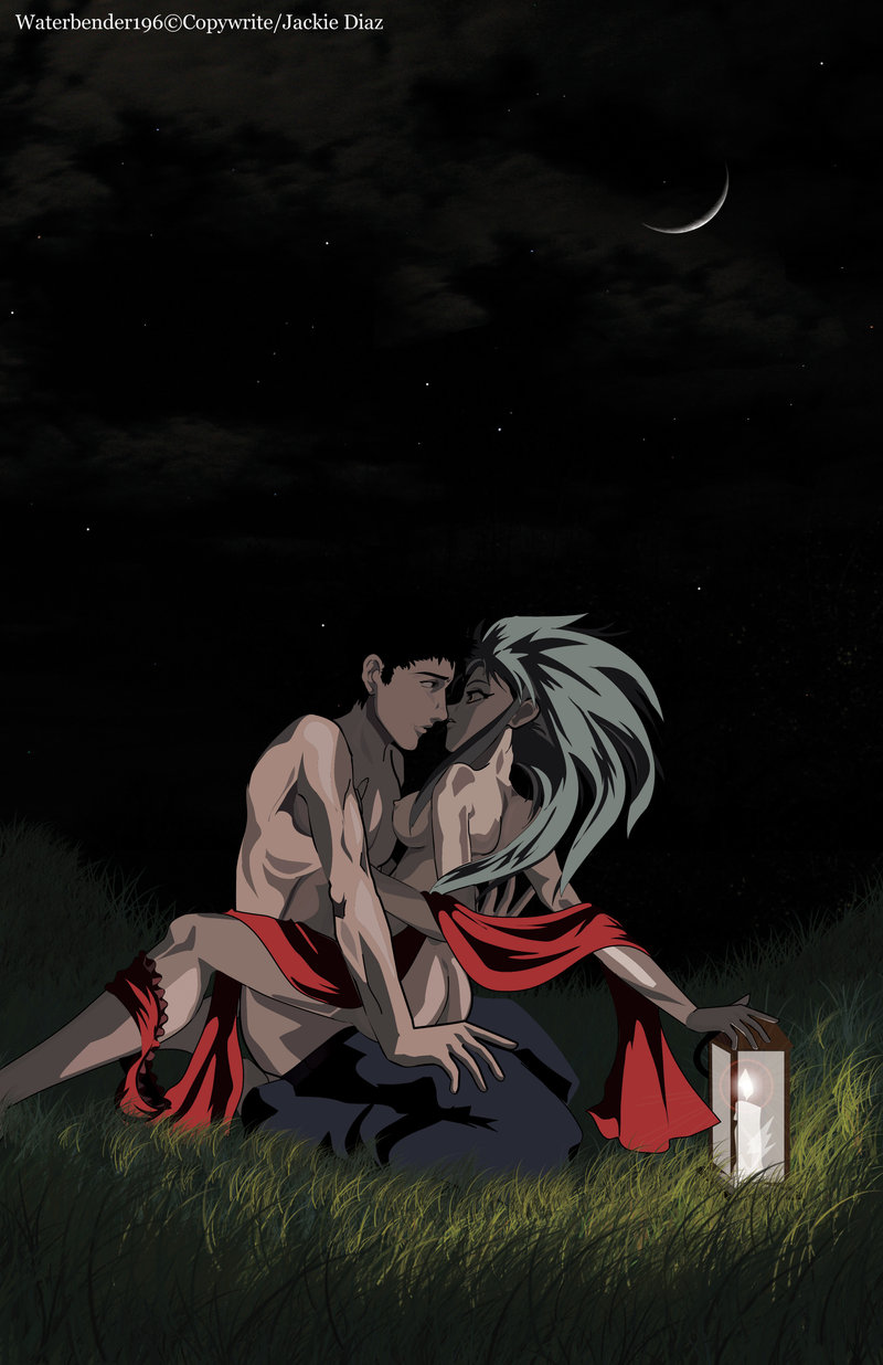 jackie diaz, masaki tenchi, ryouko (tenchi muyou!), tenchi muyou!, highres, jpeg artifacts, 1boy, 1girl, artist name, black hair, blue hair, breasts, brown eyes, dark, field, grass, hetero, kiss, lantern, long hair, moon, night, nude, outdoors, sex, sky, spiked hair, star (sky), star (symbol), starry sky, straddling, topless female, twintails, upright straddle