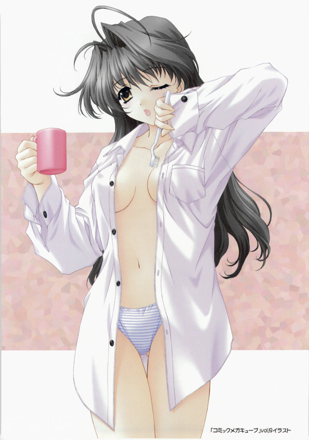 kimizuka aoi, highres, 1girl, black hair, breasts, cleavage, cup, female focus, long hair, megacube, moe (phrase), navel, open clothes, open shirt, panties, shirt, solo, thighhighs, toothbrush, underwear, yawning