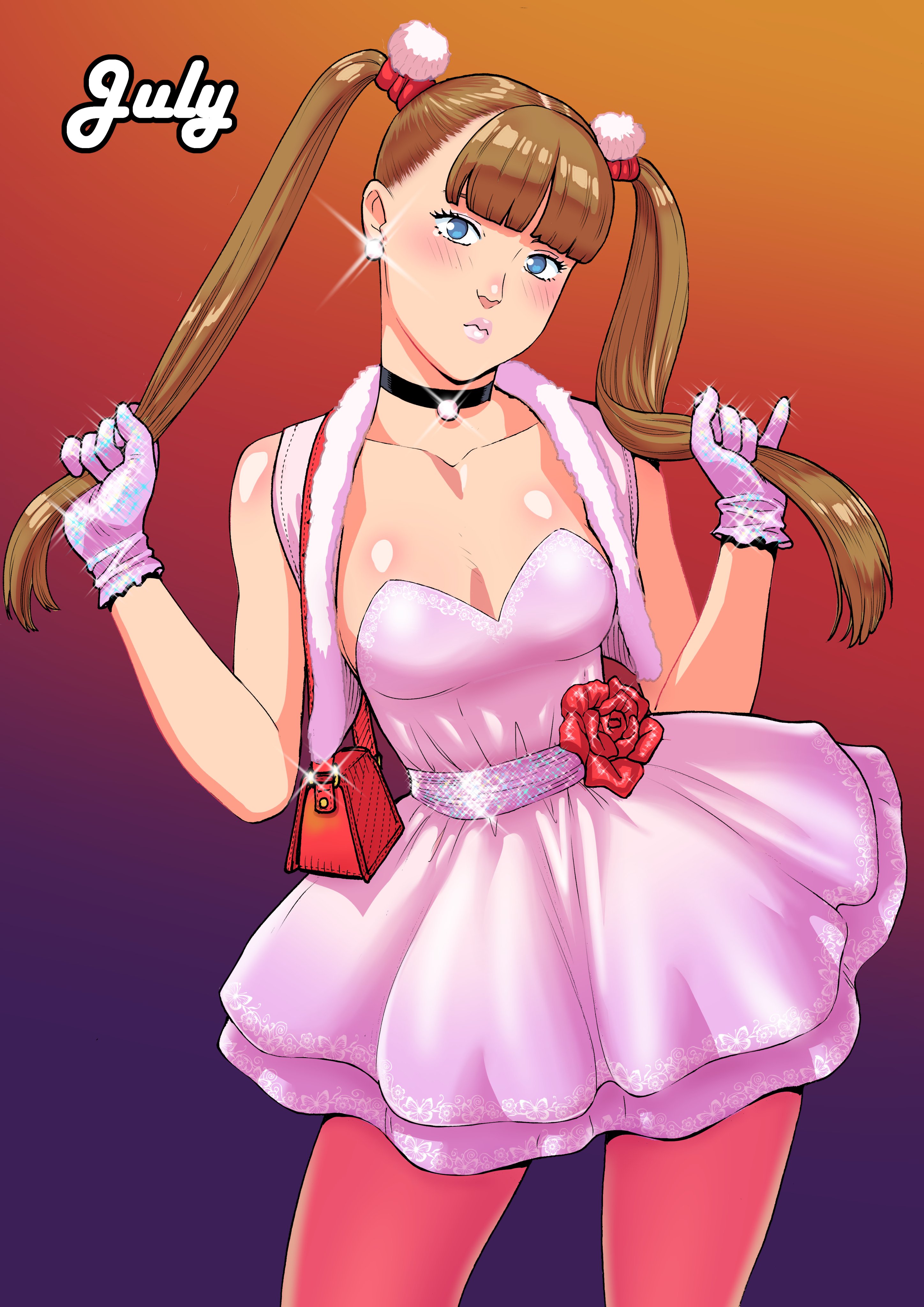 tekuho no habo, original, absurdres, commentary, english commentary, highres, 1girl, black choker, blue eyes, breasts, brown hair, character name, choker, dress, gloves, gradient background, jacket, july (tekuho), long hair, looking at viewer, open clothes, open jacket, pink dress, pink gloves, red bag, sleeveless, sleeveless jacket, small breasts, solo, strapless, strapless dress, twintails, white dress, white jacket
