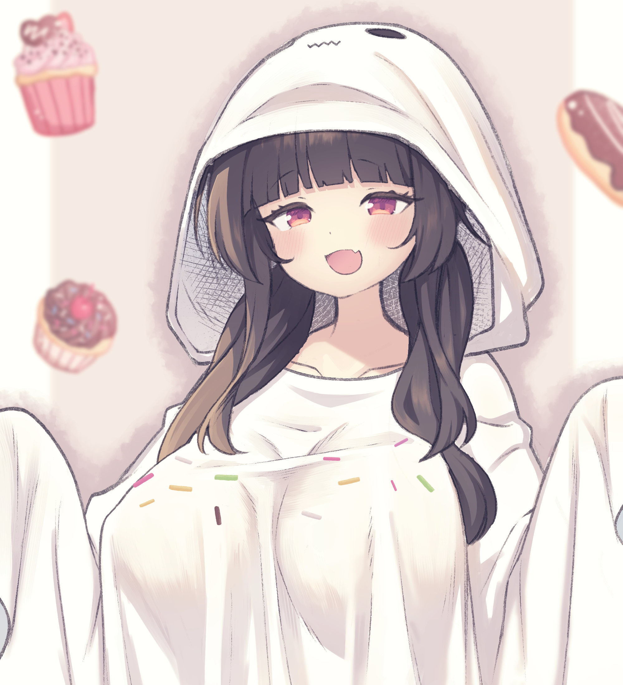sasakura momiji, original, commentary request, highres, 1girl, :d, black hair, blunt bangs, blush, breasts, brown background, collarbone, cupcake, donut, fang, food, ghost costume, halloween, large breasts, letterboxed, long hair, looking at viewer, open mouth, red eyes, shadow, sidelocks, simple background, skin fang, smile, solo, standing