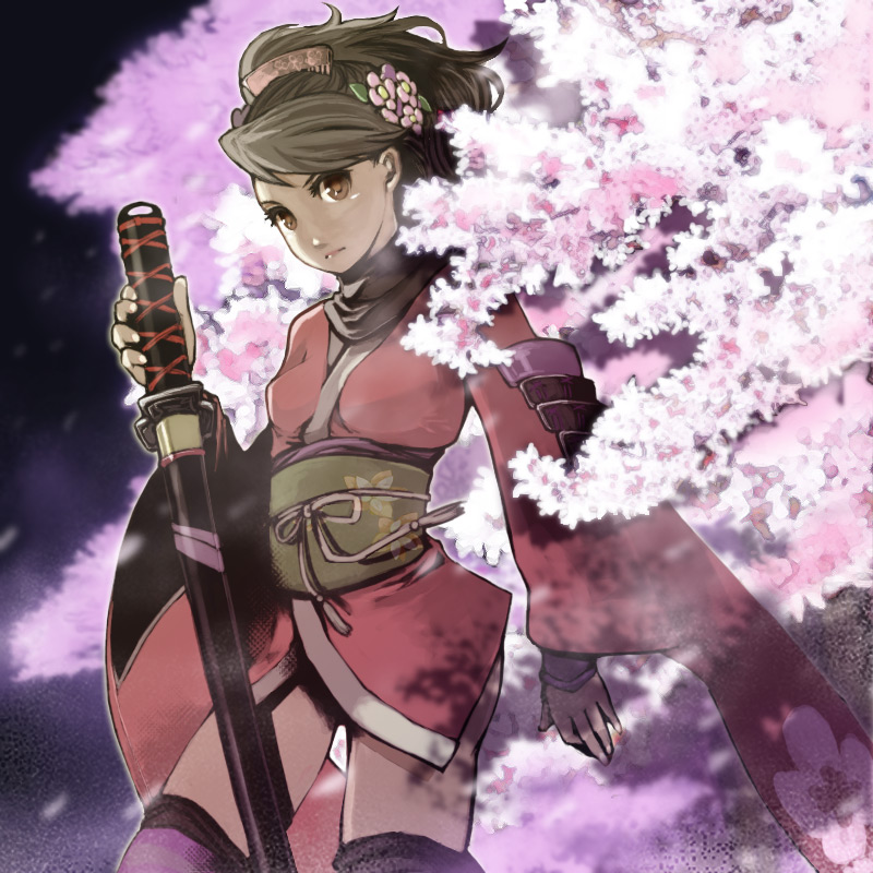 miso katsu, momohime, oboro muramasa, vanillaware, 1girl, brown eyes, brown hair, comb, female focus, japanese clothes, katana, kimono, nature, outdoors, sheath, sheathed, short hair, sky, solo, sword, tree, weapon