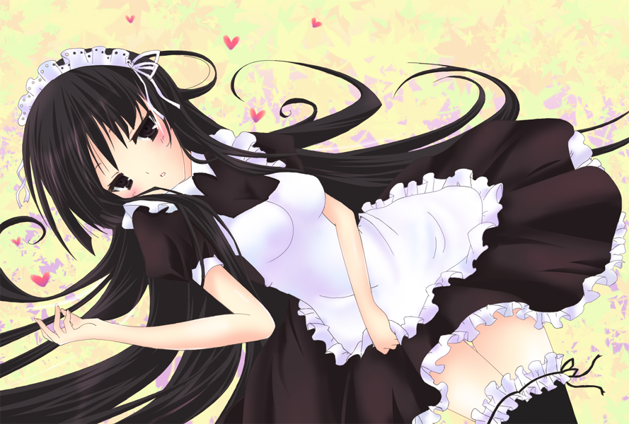 tsukiji, akiyama mio, k-on!, bad id, bad pixiv id, 00s, 1girl, alternate costume, black hair, blunt bangs, blush, breasts, brown eyes, enmaided, female focus, frilled thighhighs, frills, heart, hime cut, lingerie, long hair, maid, maid headdress, moe moe kyun!, petticoat, solo, thighhighs, underwear, zettai ryouiki