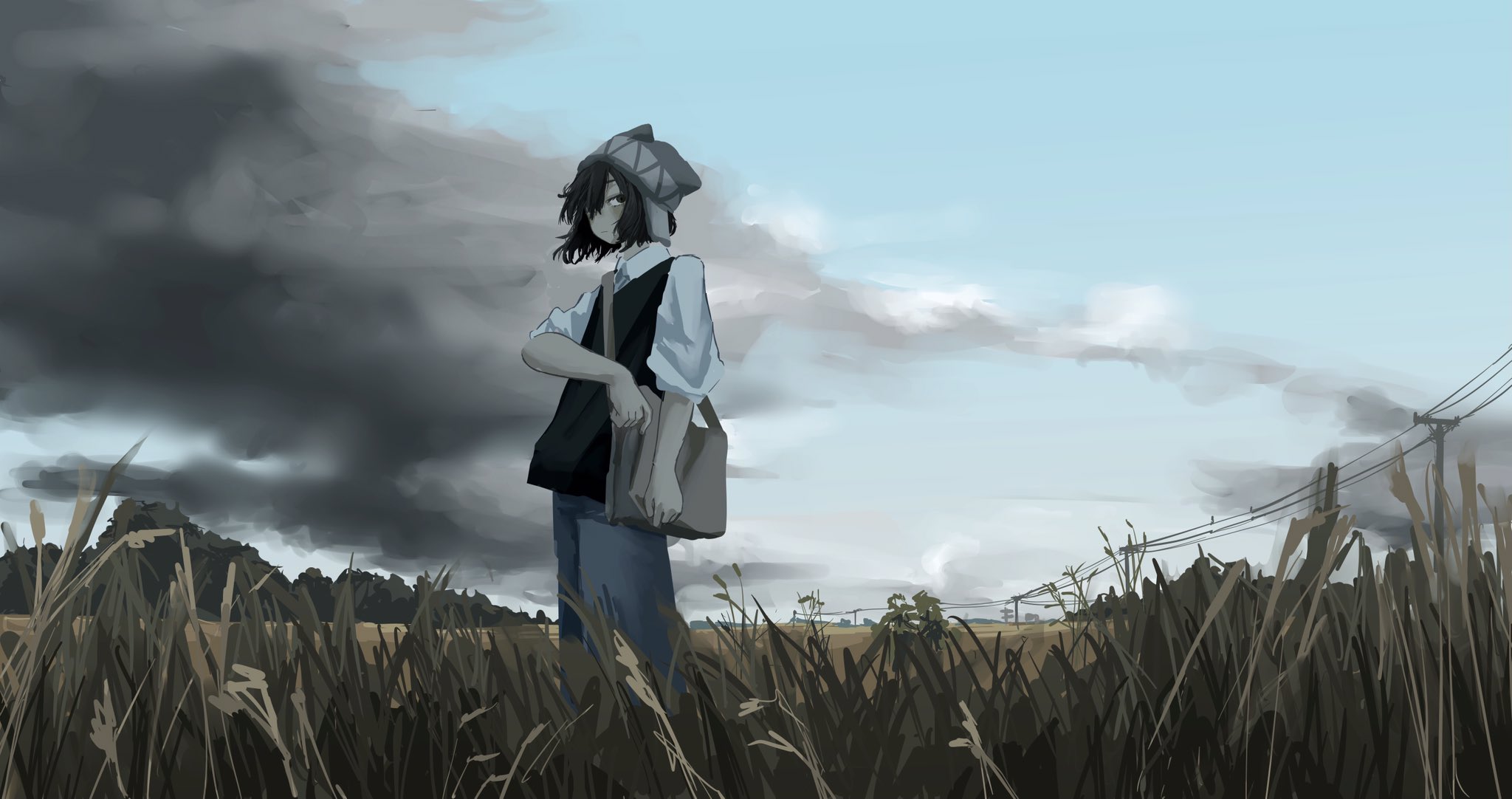 yoshiryuu, original, highres, bag, beanie, black hair, black sweater vest, blue pants, blue sky, cloud, collared shirt, earflap beanie, grass, grey hat, hat, landscape, outdoors, pale skin, pants, power lines, shirt, shoulder bag, sky, sweater vest, white shirt