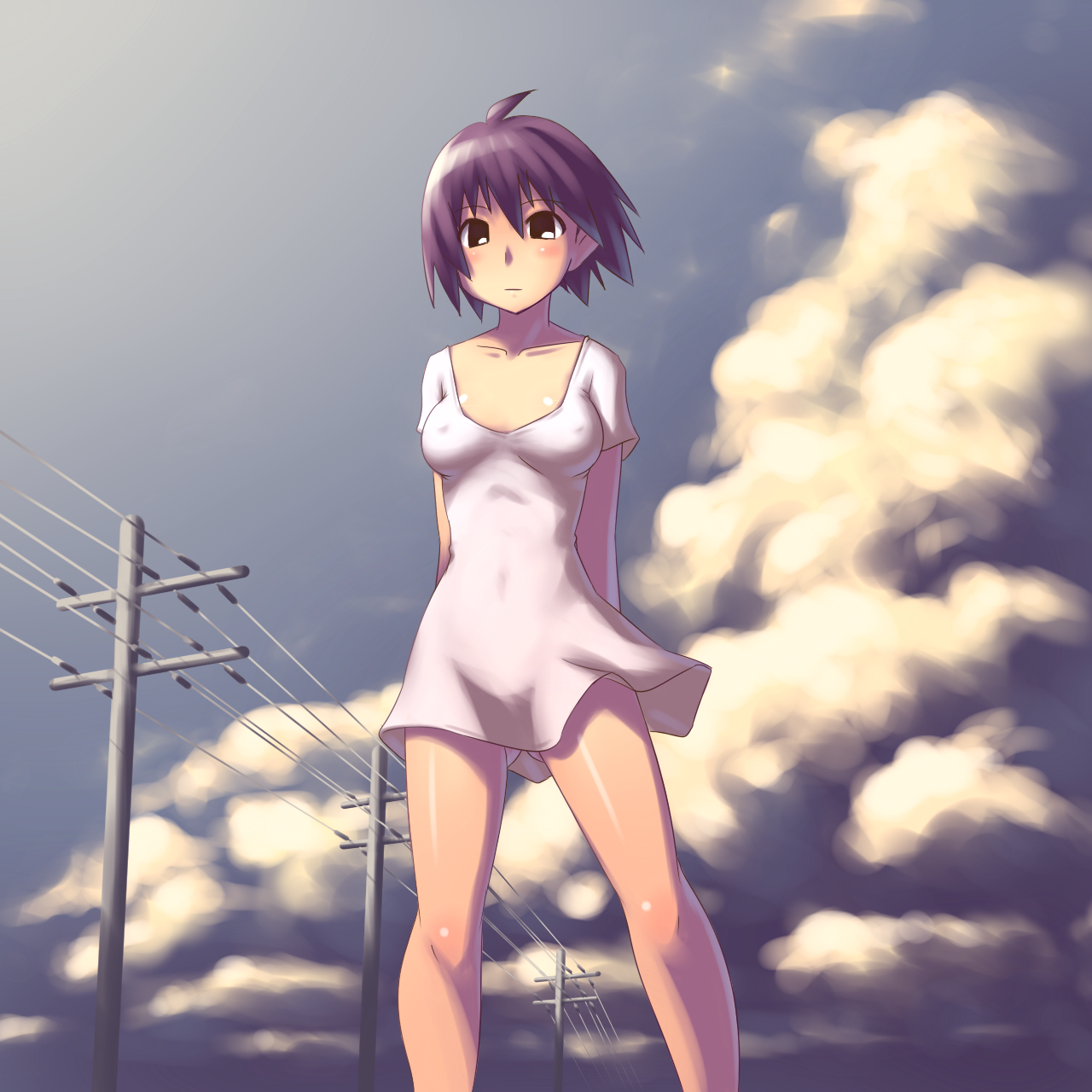 aaaa (quad-a), original, bad id, bad pixiv id, highres, 1girl, breasts, cloud, collarbone, covered erect nipples, female focus, medium breasts, no bra, no pants, purple hair, short hair, solo, wind