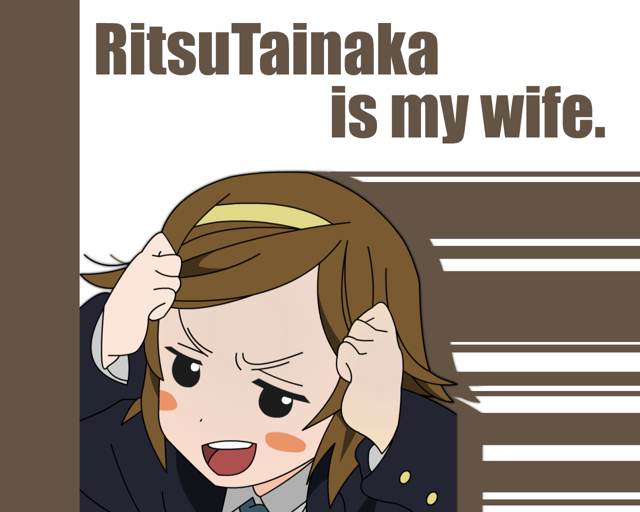 gani, tainaka ritsu, k-on!, bad id, bad pixiv id, 00s, 1girl, alternate hairstyle, blush, brown hair, english text, female focus, flat color, forehead, headband, mai waifu, school uniform, short hair, smile, solo, tomboy