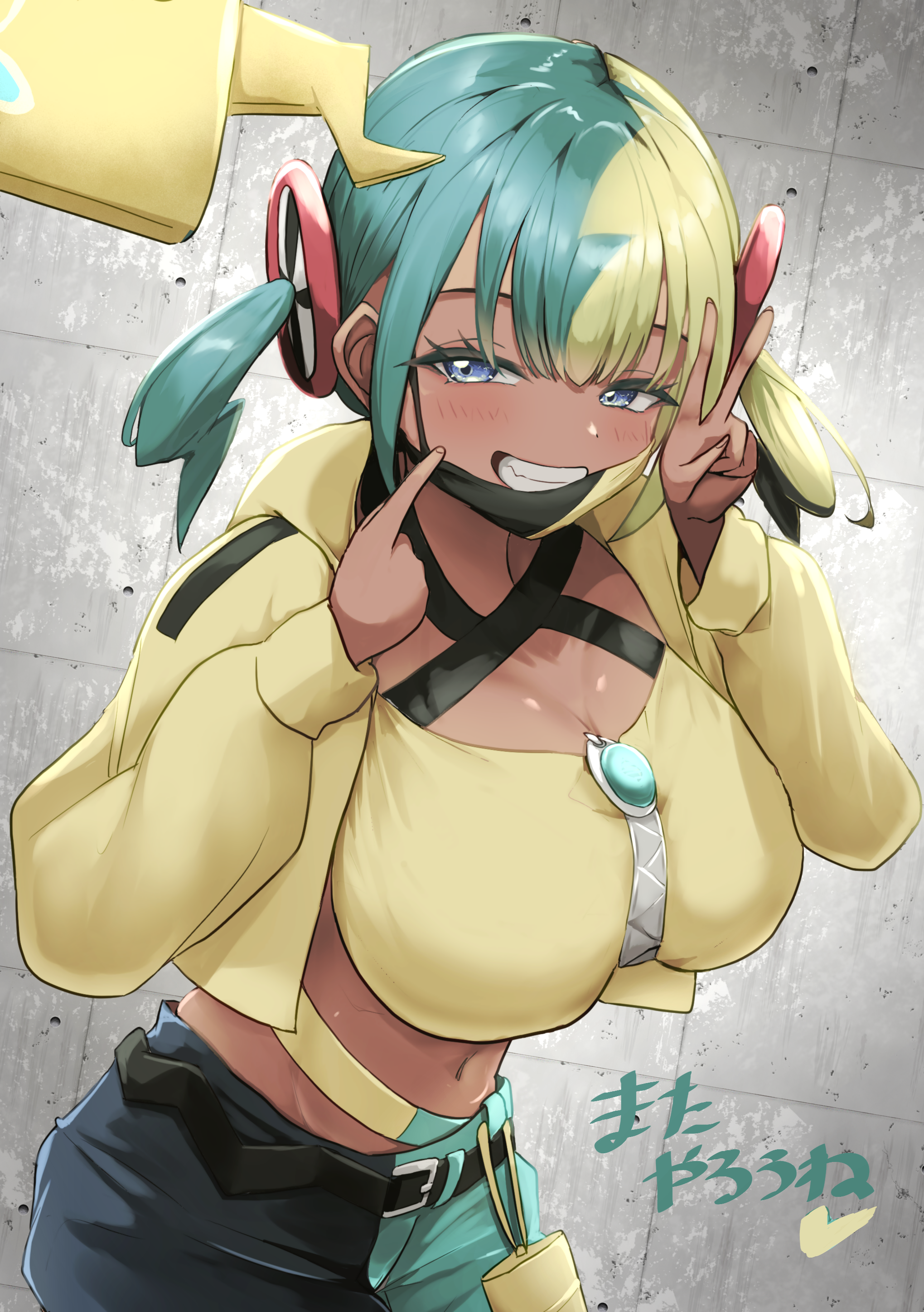 0806ohji, canari (pokemon), rotom, rotom phone, nintendo, pokemon, pokemon legends: z-a, absurdres, commentary request, highres, partial commentary, 1girl, alternate breast size (larger), black mask, black pants, blonde hair, blue hair, blue pants, blush, breasts, closed eyes, gen 4 pokemon, jacket, large breasts, looking at viewer, mask, medium hair, mouth mask, multicolored hair, pants, pokemon (creature), purple eyes, smile, solo, split-color hair, strapless, tube top, two-tone hair, two-tone mask, two-tone pants, two side up, v, yellow jacket, yellow mask, yellow tube top