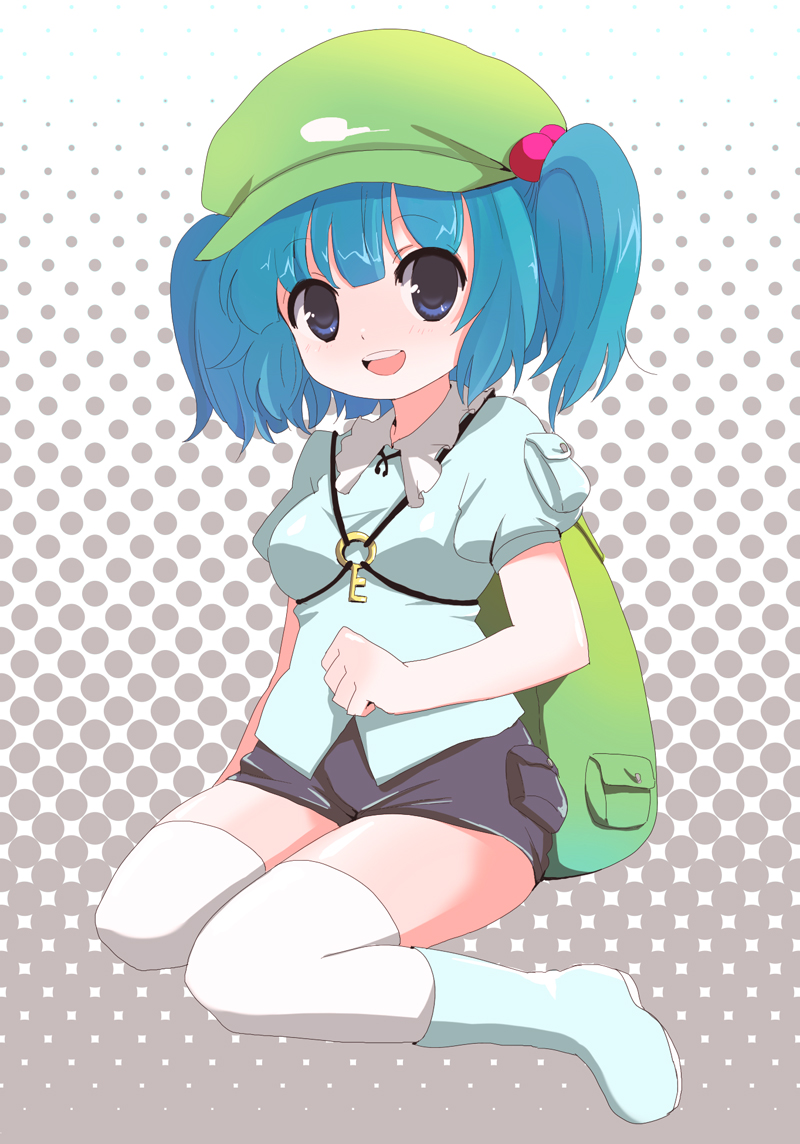 ica, kawashiro nitori, touhou, bad id, bad pixiv id, 1girl, backpack, bag, blue eyes, blue hair, boots, female focus, hair bobbles, hair ornament, halftone, halftone background, hat, key, matching hair/eyes, randoseru, rubber boots, short hair, shorts, sitting, solo, thighhighs, twintails, two side up, wariza, white thighhighs
