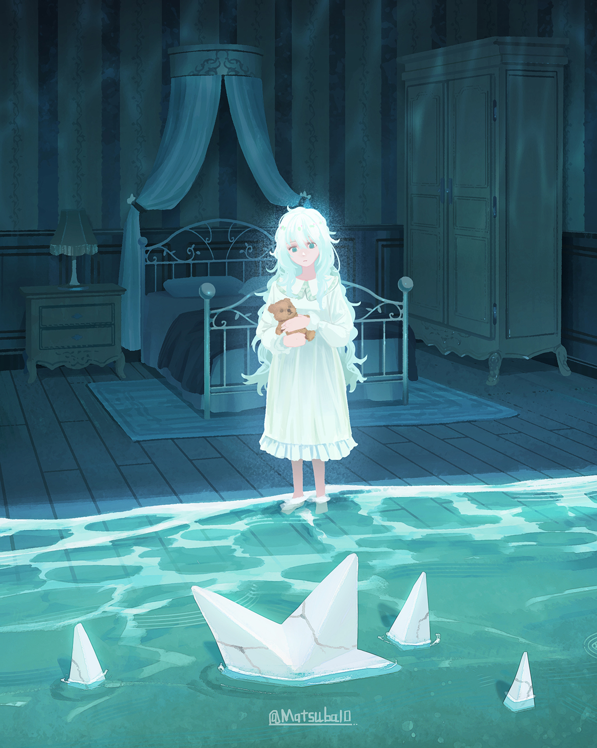 matsuba10, original, highres, 1girl, barefoot, bed, bedroom, curtains, fantasy, holding, holding stuffed toy, lamp, long hair, long sleeves, nightgown, pillow, scenery, soaking feet, solo, standing, star (symbol), stuffed animal, stuffed toy, teddy bear, water, wavy hair, white hair, white nightgown, wooden floor