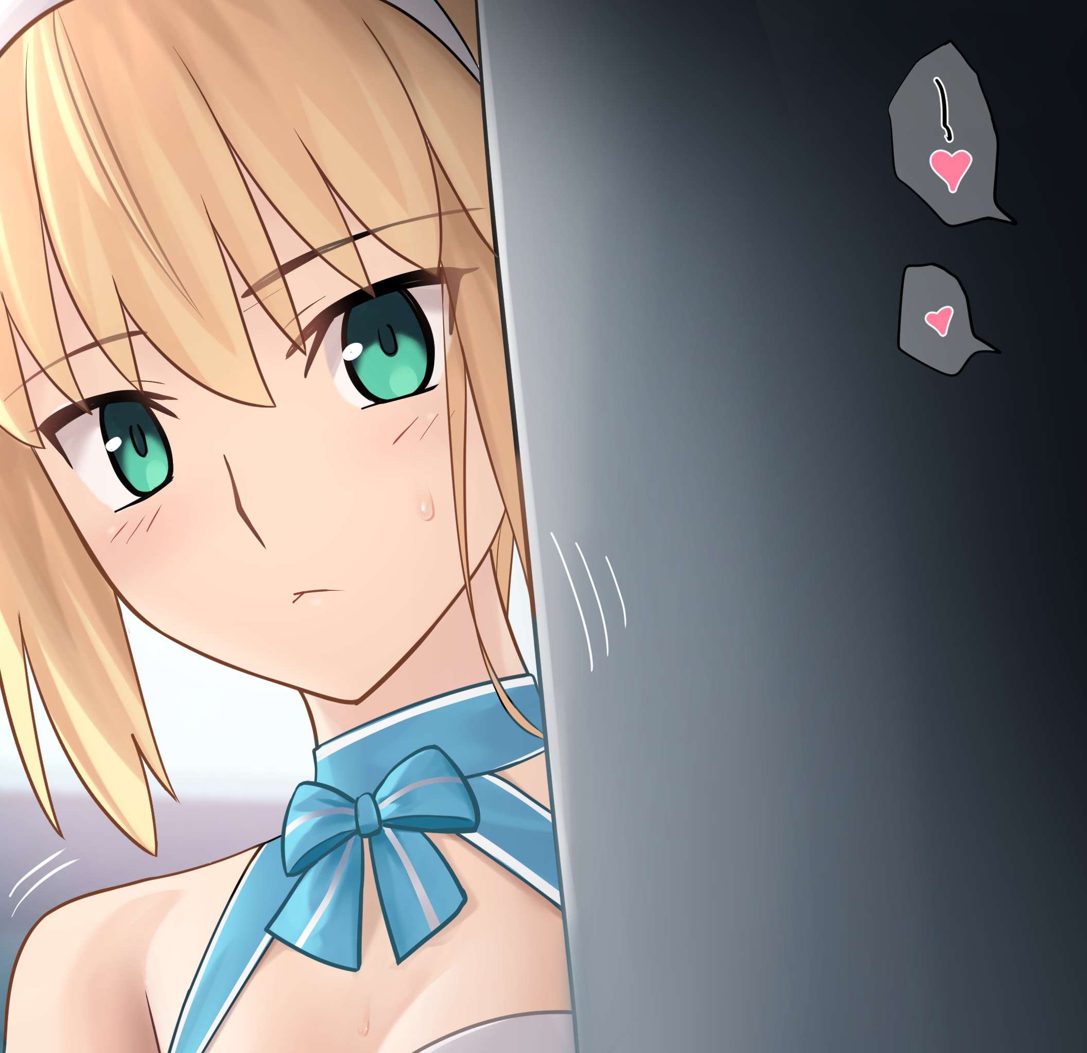 besmiled, artoria caster (fate), artoria caster (swimsuit berserker) (second ascension) (fate), artoria pendragon (fate), fate/grand order, fate (series), commentary request, highres, 1girl, blonde hair, blue bow, bow, breasts, cleavage, closed mouth, green eyes, hair between eyes, heart, indoors, looking at viewer, motion lines, peeking, sidelocks, small breasts, spoken heart, sweatdrop