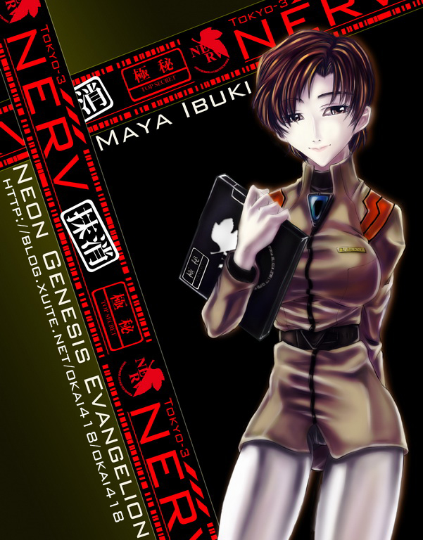 okai, ibuki maya, neon genesis evangelion, rebuild of evangelion, 00s, 1girl, belt, breasts, brown eyes, brown hair, computer, female focus, laptop, logo, military, military uniform, pale skin, pantyhose, pencil skirt, skirt, sky, smile, solo, sunset, tight clothes