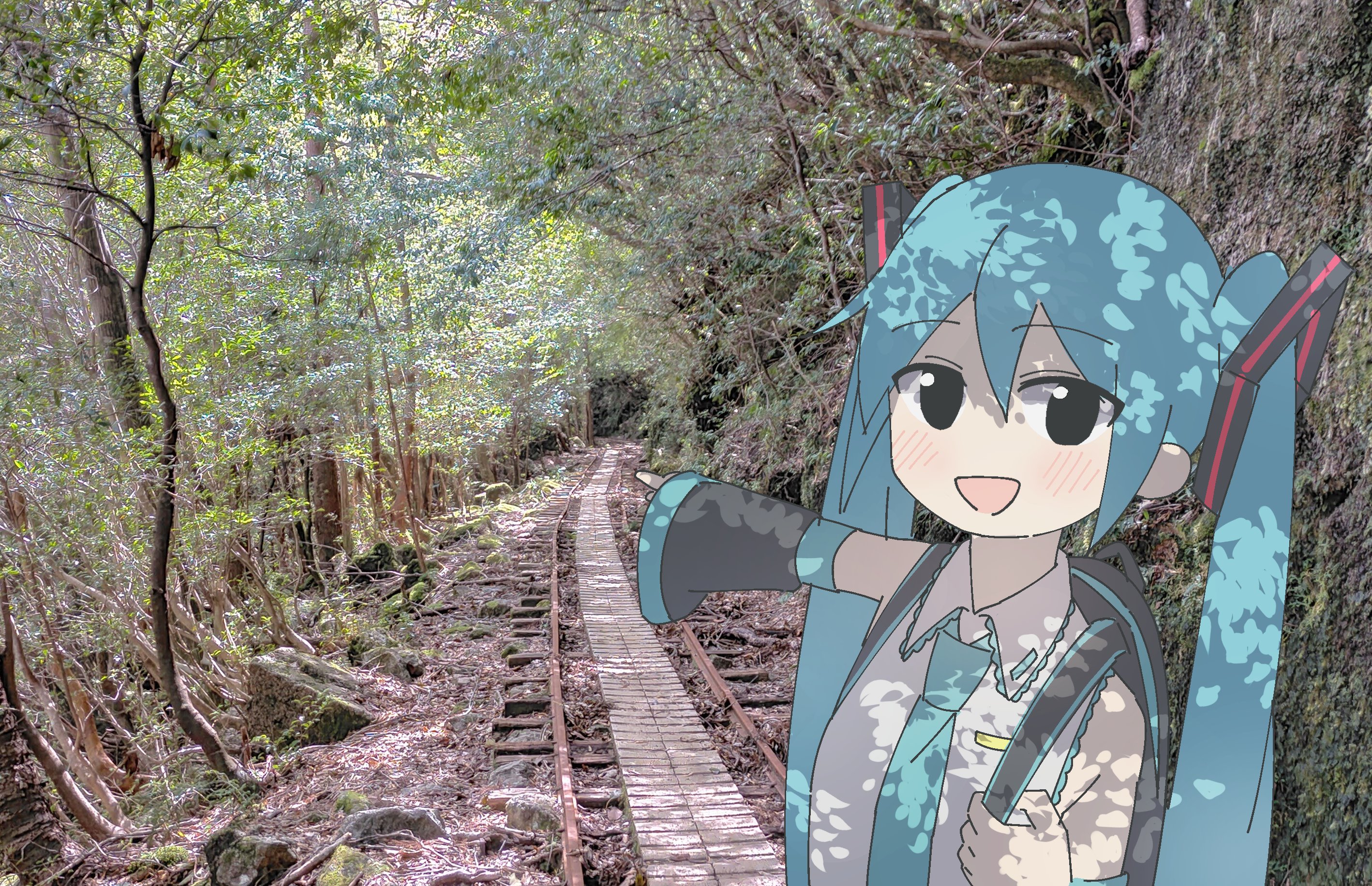 auhuheben17, hatsune miku, vocaloid, hashtag-only commentary, highres, 1girl, :d, backpack, bag, black eyes, blue hair, blue necktie, blush, collared shirt, dappled sunlight, day, detached sleeves, forest, looking at viewer, nature, necktie, open mouth, outdoors, photo background, plant, pointing, railroad tracks, shirt, smile, solo, sunlight, tree, twintails, vanishing point, vines