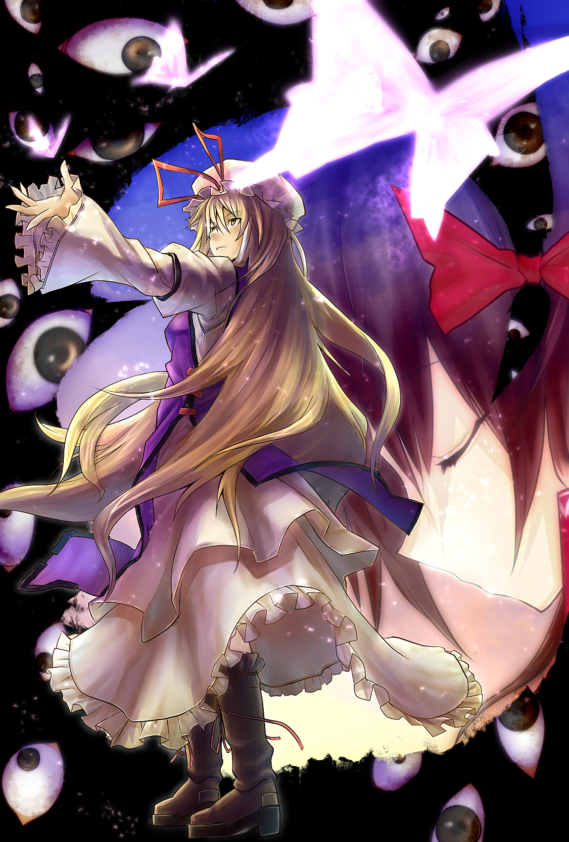 eho (icbm), hakurei reimu, yakumo yukari, touhou, bad id, bad pixiv id, highres, 1girl, blonde hair, boots, bug, butterfly, female focus, gap (touhou), hat, long hair, solo