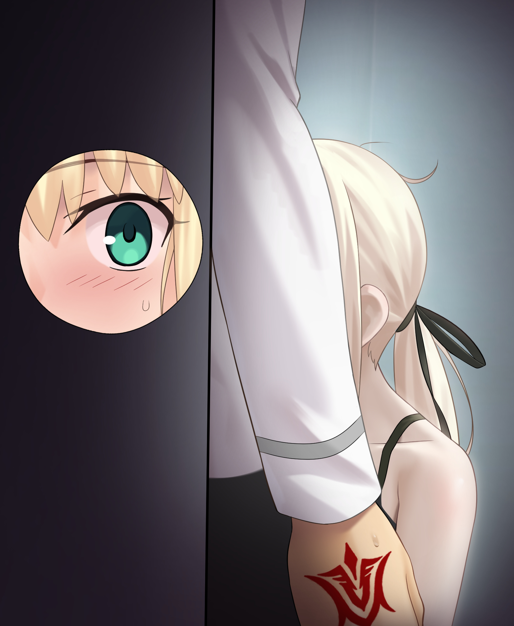 besmiled, artoria caster (fate), artoria caster (swimsuit berserker) (second ascension) (fate), artoria pendragon (fate), fujimaru ritsuka (male), saber alter, saber alter (ver. shinjuku 1999), fate/grand order, fate (series), commentary request, highres, 1boy, 2girls, against wall, black pants, black ribbon, black shirt, blonde hair, command spell, green eyes, hair ribbon, implied fellatio, long hair, long sleeves, looking at another, multiple girls, pants, ponytail, ribbon, shirt, sidelocks, squatting, white shirt