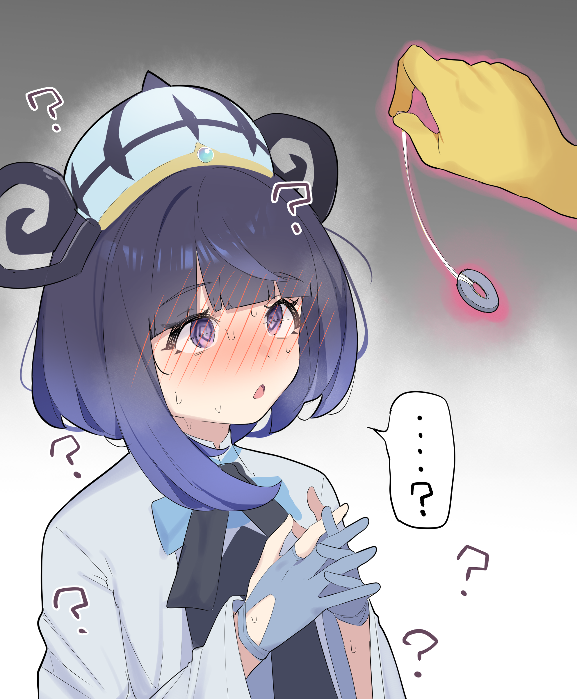 kyutai x, gwynn (pokemon), hypno, nintendo, pokemon, pokemon legends: z-a, absurdres, commentary request, highres, 1girl, :o, ?, @ @, black hair, black ribbon, blush, coat, coin, gen 1 pokemon, gloves, glowing, hands up, hat, holding, holding string, holed coin, hypnosis, interlocked fingers, long sleeves, looking up, mind control, neck ribbon, open mouth, partially fingerless gloves, pendulum, pokemon (creature), ribbon, speech bubble, string, sweat, white coat