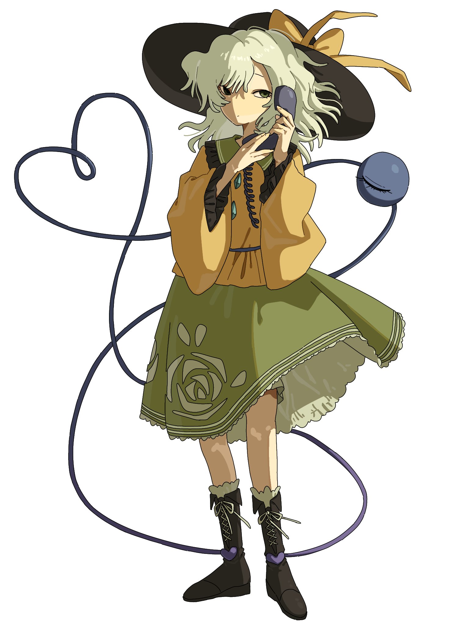 mozupoko, komeiji koishi, touhou, highres, 1girl, black boots, black hat, boots, buttons, diamond button, eyeball, floral print, frilled shirt collar, frilled sleeves, frills, green eyes, green hair, green skirt, hat, hat ribbon, heart, heart of string, holding, holding phone, phone, ribbon, rose print, shirt, skirt, third eye, white background, yellow ribbon, yellow shirt