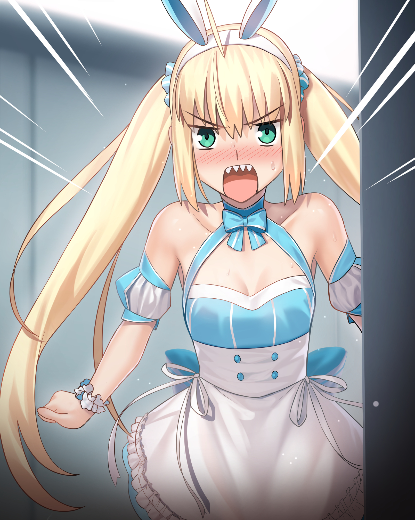 besmiled, artoria caster (fate), artoria caster (swimsuit berserker) (second ascension) (fate), artoria pendragon (fate), fate/grand order, fate (series), commentary request, highres, 1girl, ahoge, animal ears, apron, blue bow, blue dress, blush, bow, clenched hands, detached sleeves, dress, fake animal ears, flustered, green eyes, hair between eyes, hairband, long hair, looking at viewer, open mouth, puffy short sleeves, puffy sleeves, rabbit ears, scrunchie, sharp teeth, short sleeves, solo, standing, sweatdrop, teeth, tongue, twintails, upper teeth only, upright ahoge, very long hair, white apron, white hairband, wrist scrunchie