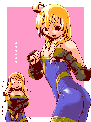 mikuni aoi, agrias oaks, monk (fft), ramza beoulve, final fantasy, final fantasy tactics, lowres, 1boy, 1girl, ahoge, ass, bare shoulders, blonde hair, bodysuit, breasts, cleavage, crossdressing, embarrassed, flat chest, gauntlets, gloves, lipstick, long hair, makeup, oekaki, small breasts, tears, trap, unitard