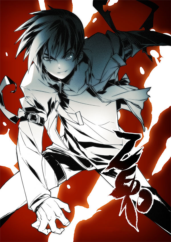 ress, 1boy, buckle, copyright name, fire, gradient background, grin, jacket, legs apart, male focus, monochrome, red background, ringed eyes, short hair, smile, solo, spiked hair, standing, thigh strap, v-shaped eyebrows
