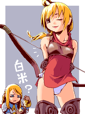 mikuni aoi, agrias oaks, archer (fft), ramza beoulve, final fantasy, final fantasy tactics, lowres, ahoge, bare shoulders, blonde hair, boots, bow (weapon), bulge, crossdressing, lipstick, long hair, makeup, oekaki, panties, pantyshot, ponytail, side-tie panties, sweatdrop, trap, underwear, weapon, white panties, wink