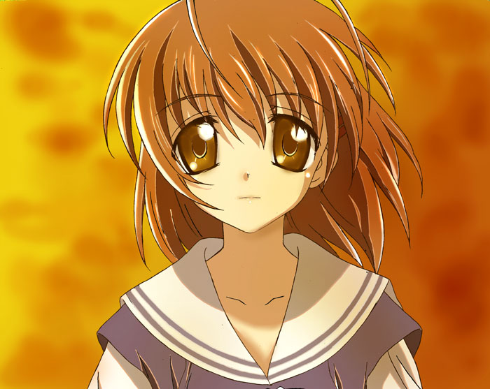 rurounin, furukawa nagisa, clannad, 00s, brown eyes, brown hair, close-up, school uniform, short hair, solo