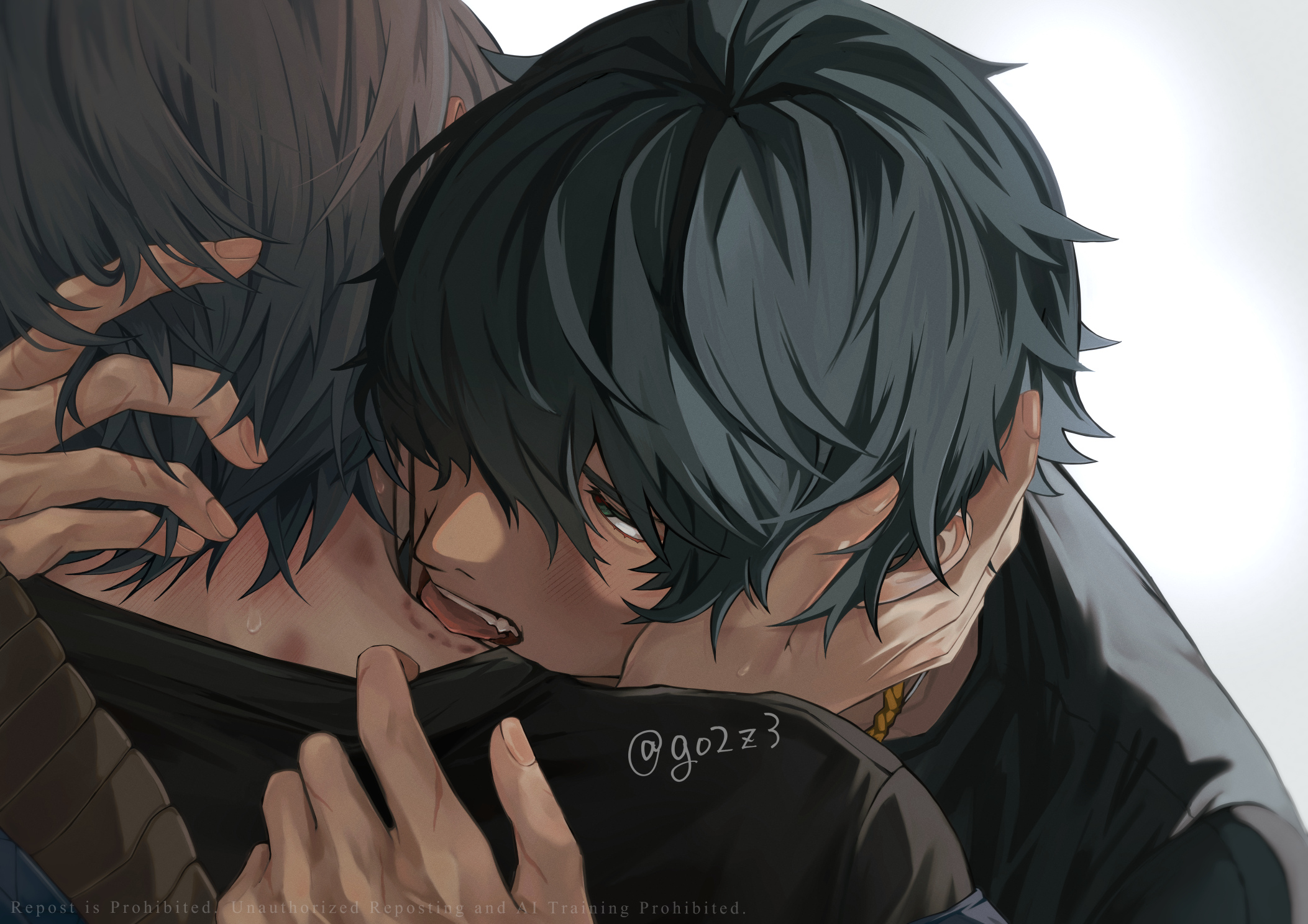 lighter (zenless zone zero), wise (zenless zone zero), zenless zone zero, commentary request, highres, 2boys, bite mark, bite mark on neck, biting, black shirt, blue jacket, blush, from behind, gogo (go2z3), green eyes, grey hair, hair over one eye, hand on another's back, hand on another's face, hand on another's head, head hug, hug, jacket, looking at another, male focus, multiple boys, open mouth, red pupils, shirt, short hair, tongue, twitter username, upper body, white background, yaoi