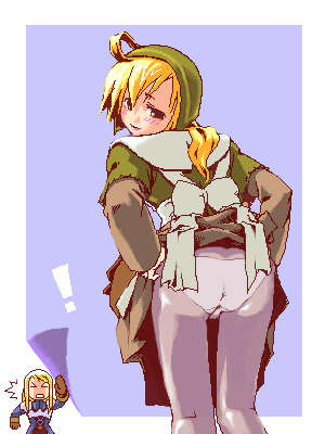 mikuni aoi, agrias oaks, chemist (fft), ramza beoulve, final fantasy, final fantasy tactics, lowres, ahoge, ass, blonde hair, blush, clothes lift, crossdressing, hood, lipstick, long hair, looking back, makeup, oekaki, panties, panties under pantyhose, pantyhose, pantyshot, ponytail, skirt, skirt lift, surprised, trap, underwear