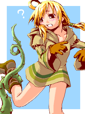 mikuni aoi, geomancer (fft), ramza beoulve, final fantasy, final fantasy tactics, lowres, 1boy, ahoge, blonde hair, blush, boots, crossdressing, crossdressing (mtf), gloves, legs, long hair, male focus, oekaki, plant, solo, trap, twintails, vines