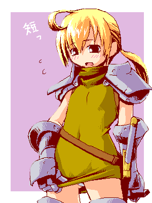 mikuni aoi, ramza beoulve, squire (fft), final fantasy, final fantasy tactics, lowres, 1boy, armor, blonde hair, blush, crossdressing, crossdressing (mtf), embarrassed, gauntlets, long hair, male focus, oekaki, panties, pantyshot, ponytail, sleeveless, sleeveless turtleneck, solo, sweatdrop, trap, turtleneck, underwear, white panties
